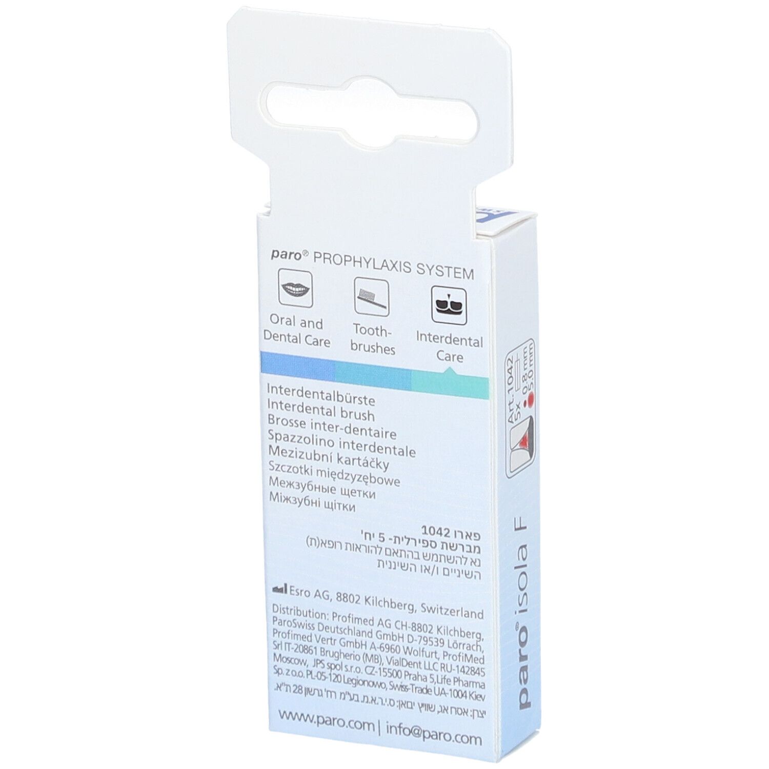 Rückseite der Verpackung von paro® Isola F. Produktinformationen und Markenlogo sind aufgedruckt. Mehrsprachige Produktbeschreibung.
