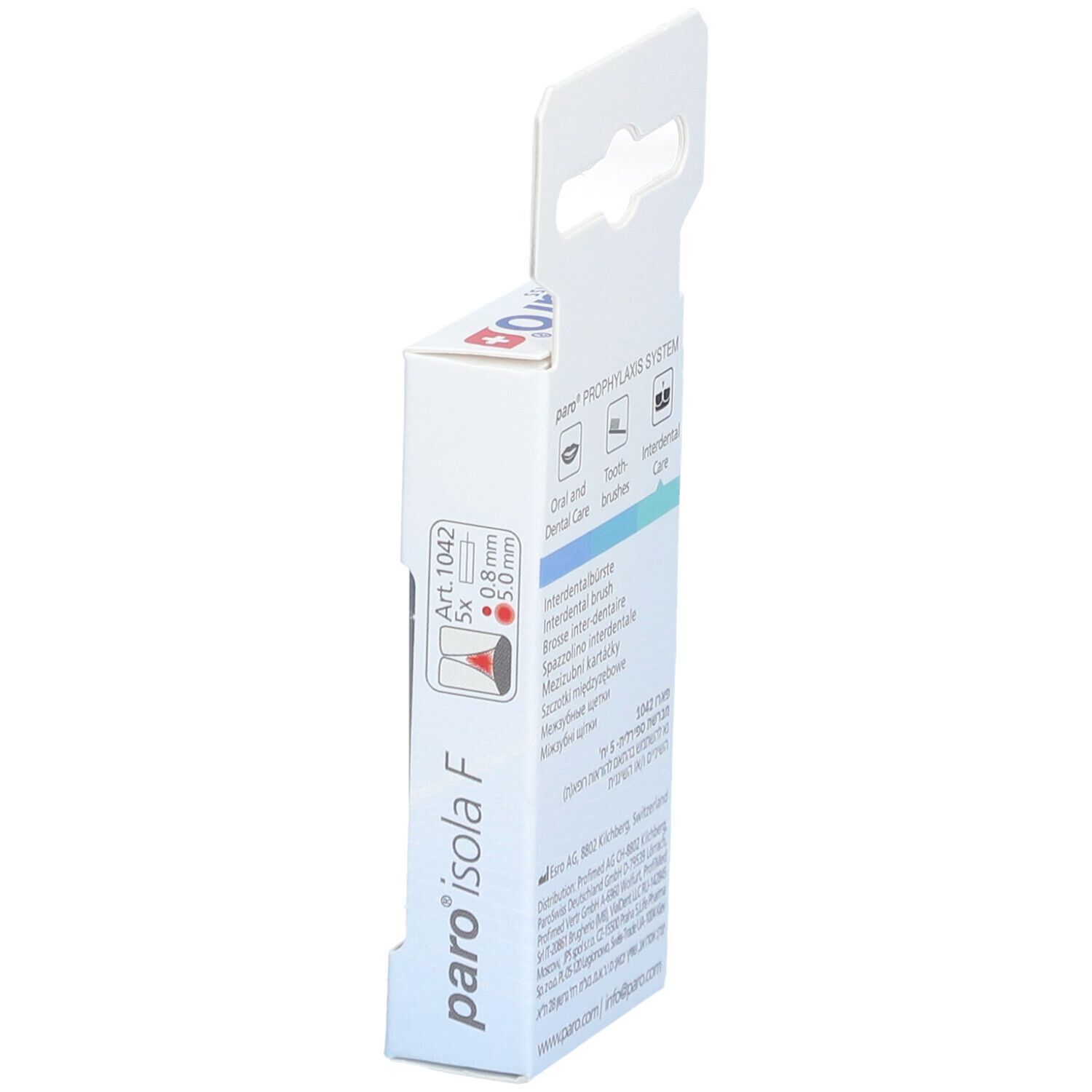 Seitenansicht der Verpackung von paro® Isola F. Produktname und Informationen sind aufgedruckt. Enthält eine Brossette interdentaire.