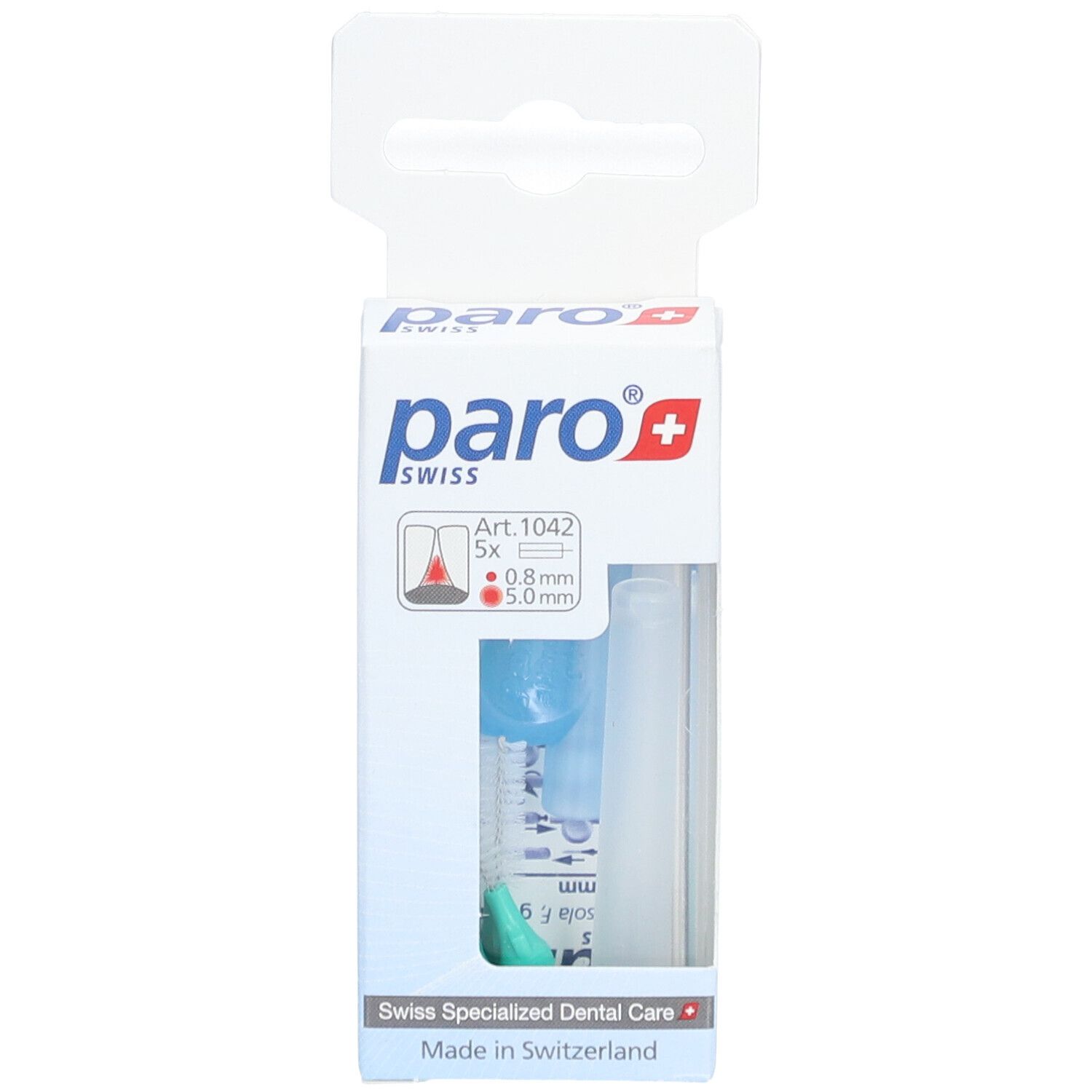 Verpackung mit paro® Isola F Brossette interdentaire. Enthält 5 Bürsten, 5.0 mm, grün. Marke und Produktinformationen sind aufgedruckt.