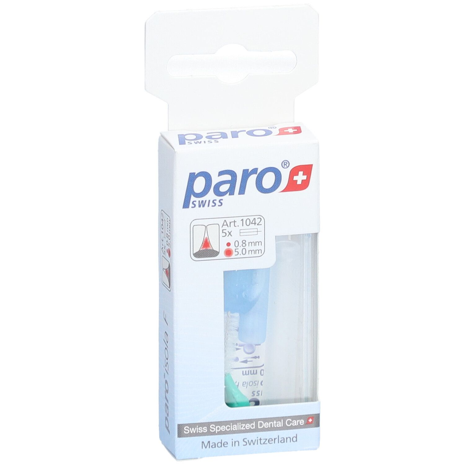 Verpackung mit paro® Isola F Brossette interdentaire. Enthält 5 Bürsten, 5.0 mm, grün. Marke und Produktinformationen sind aufgedruckt.