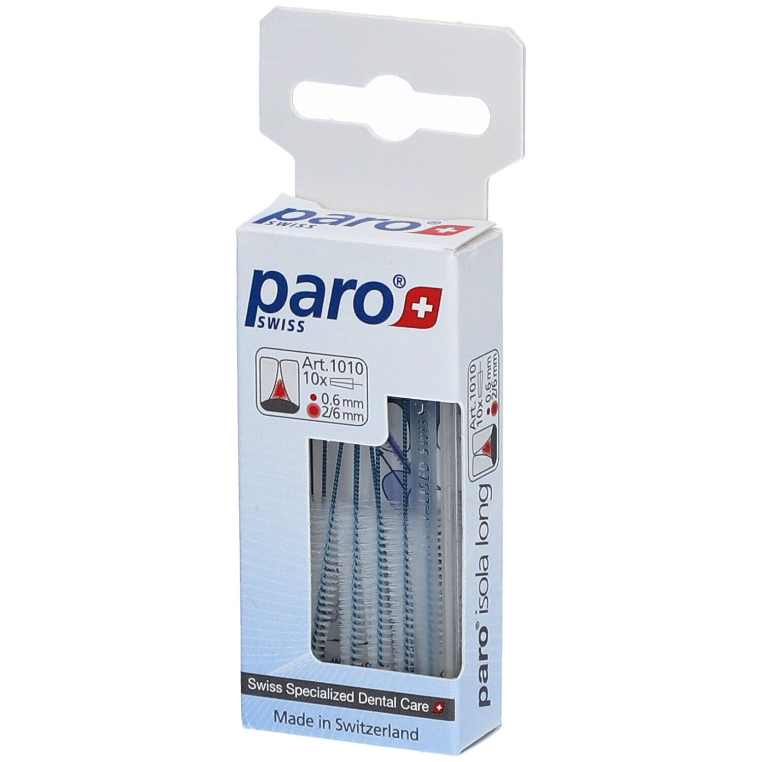 Verpackung mit paro® Interdentalbürsten Isola Long. Sichtbar: Marke, Produktbezeichnung, Art. 1010, 10x 0,6 mm.