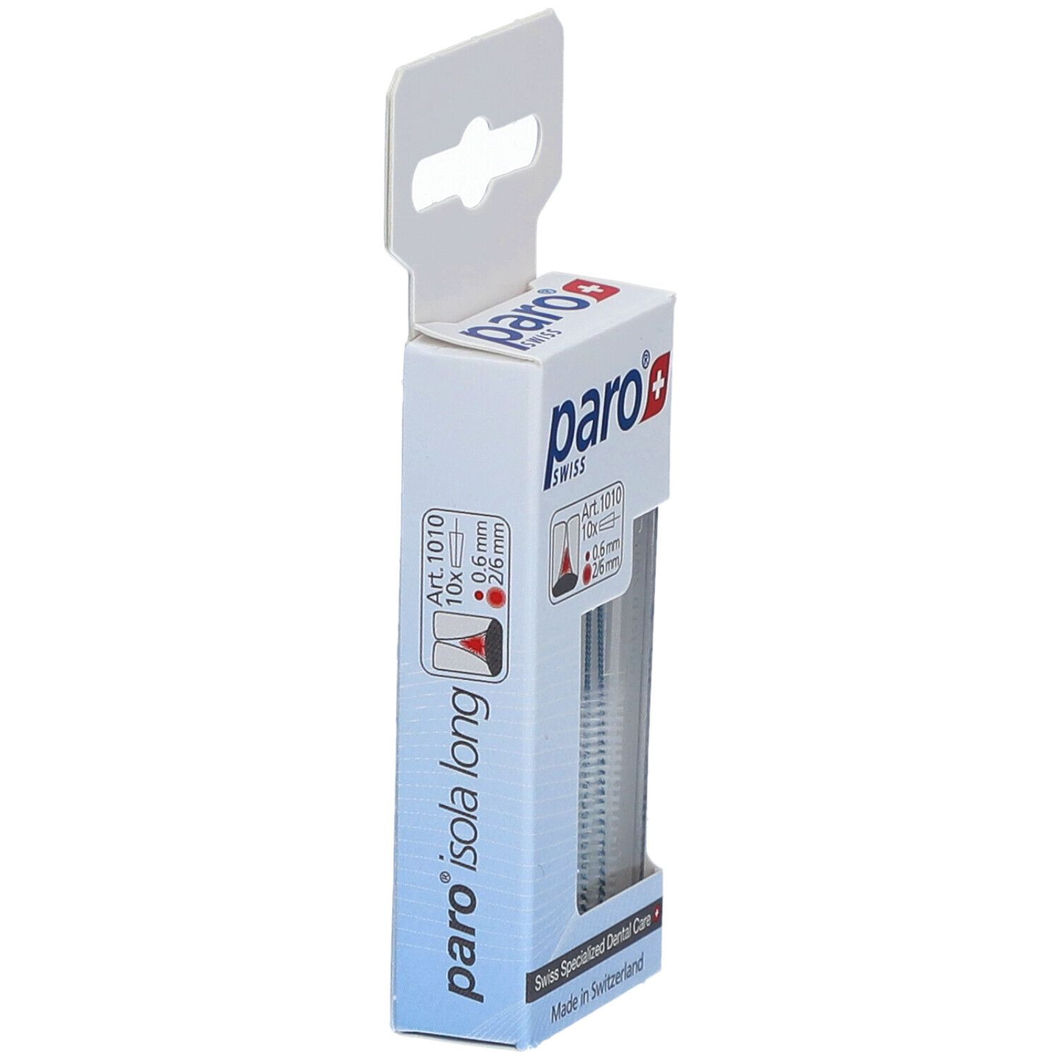 Seitenansicht der Verpackung mit paro® Interdentalbürsten Isola Long. Marke und Produktbezeichnung sichtbar.