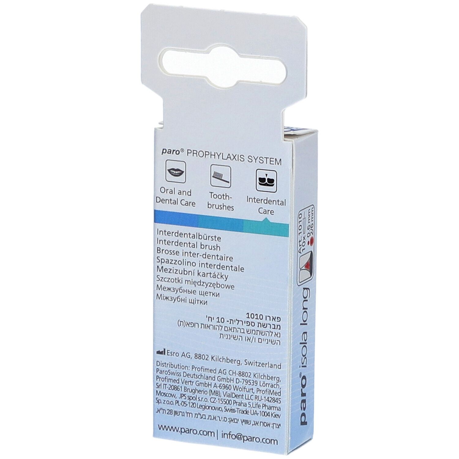 Rückseite der Verpackung mit paro® Interdentalbürsten Isola Long. Text: Interdentalbürste, Herstellerinformationen.