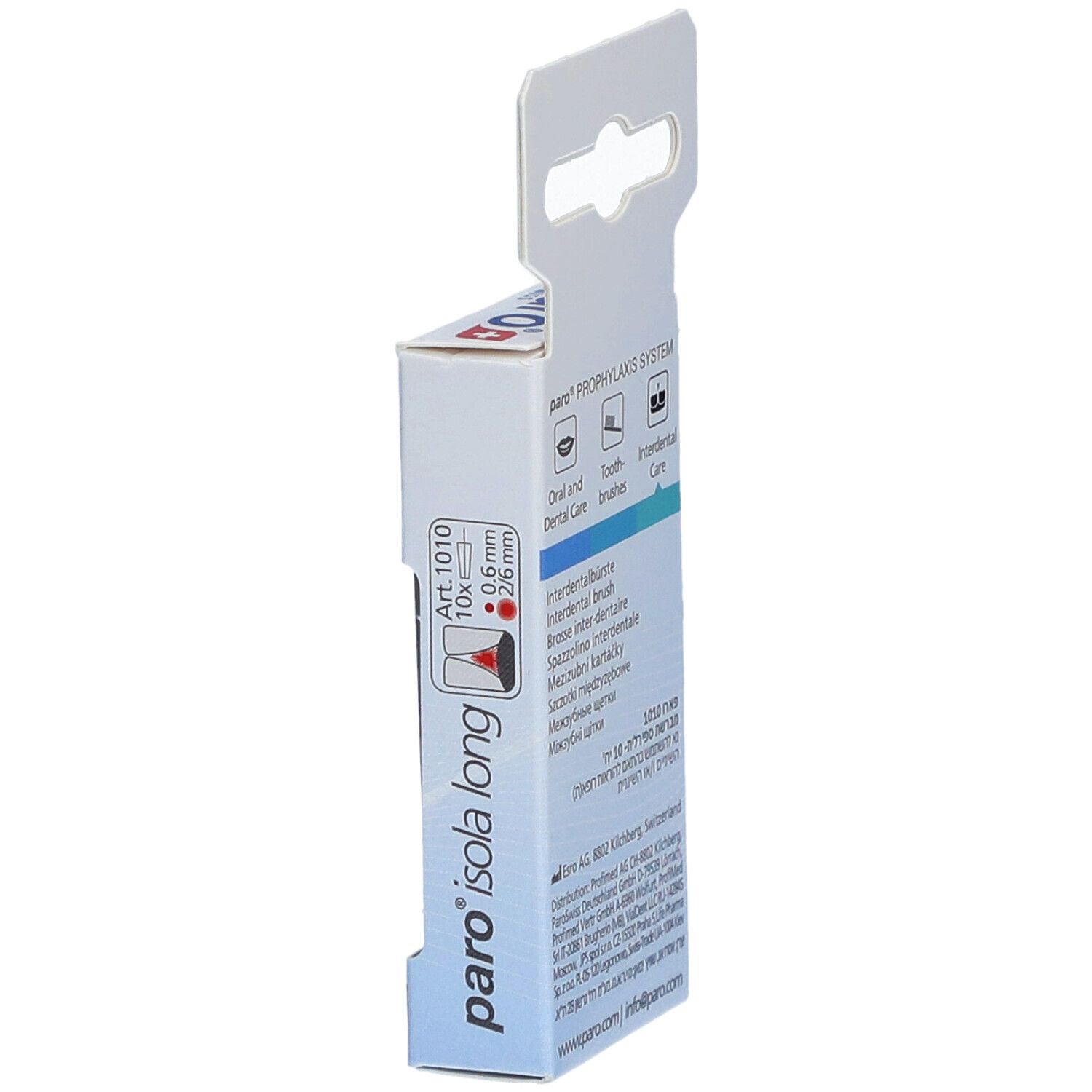 Seitenansicht der Verpackung mit paro® Interdentalbürsten Isola Long. Marke, Produktbezeichnung und Art. 1010.