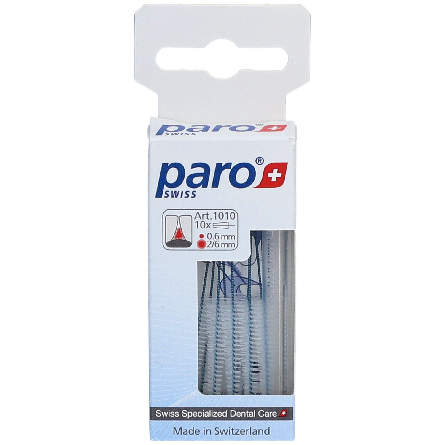 Verpackung mit paro® Interdentalbürsten Isola Long. Sichtbar: Marke, Produktbezeichnung, Art. 1010, Bürsten.