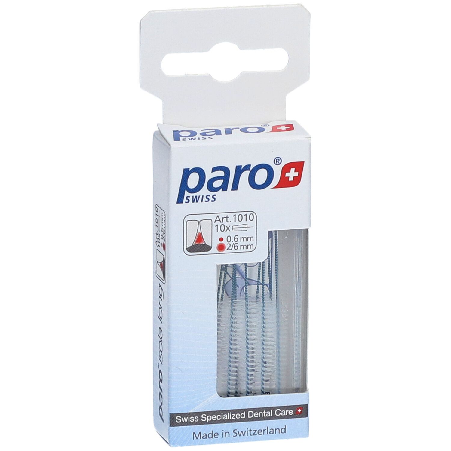 Verpackung mit paro® Interdentalbürsten Isola Long. Sichtbar: Marke, Produktbezeichnung, Art. 1010, Bürsten.