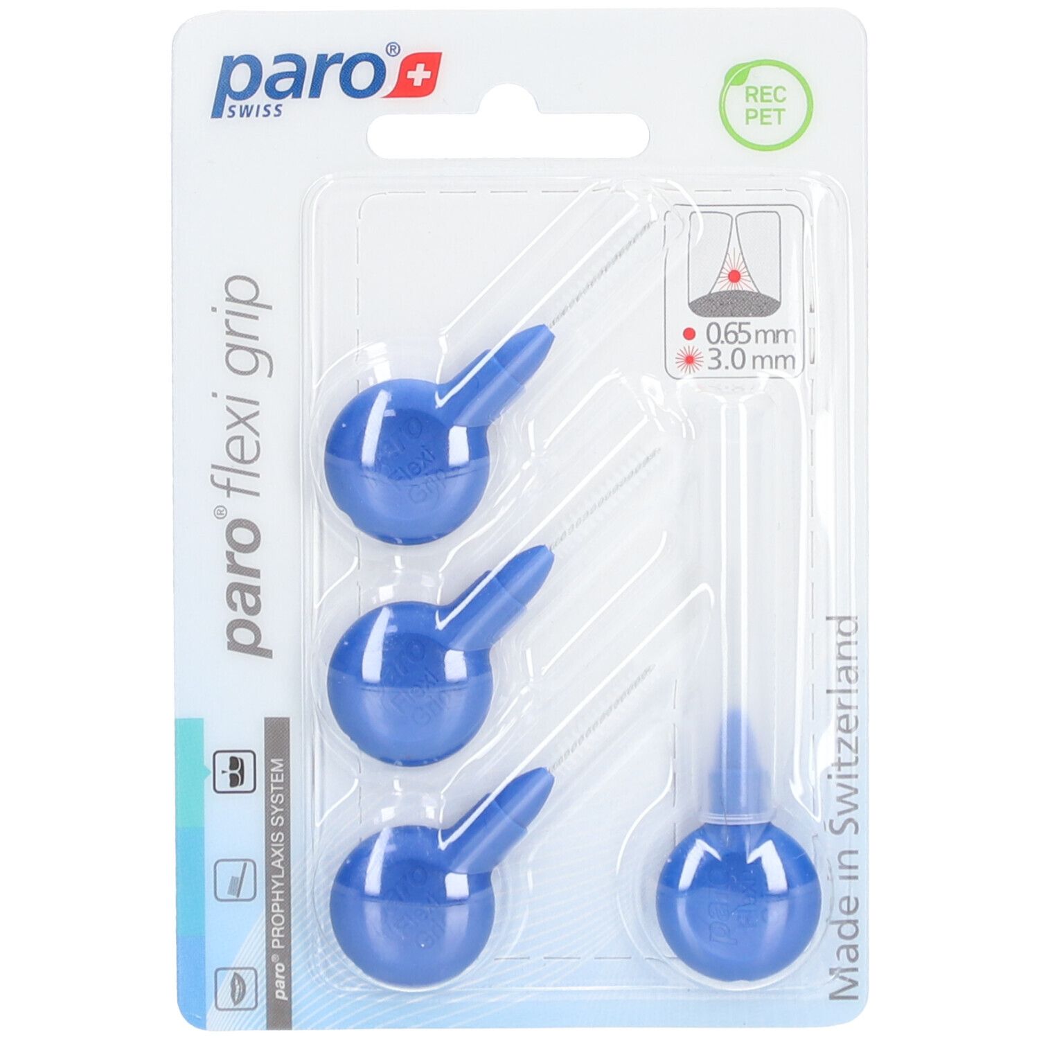 Blisterverpackung mit blauen Interdentalbürsten. Sichtbar: Marke, Produktname, Größenangabe.