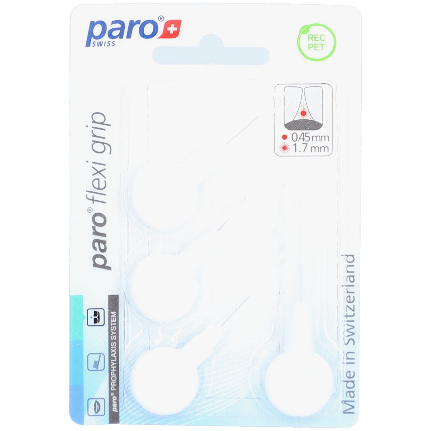 Blisterverpackung mit weißen Interdentalbürsten. Aufschrift: paro flexi grip, 1.7mm, REC PET.