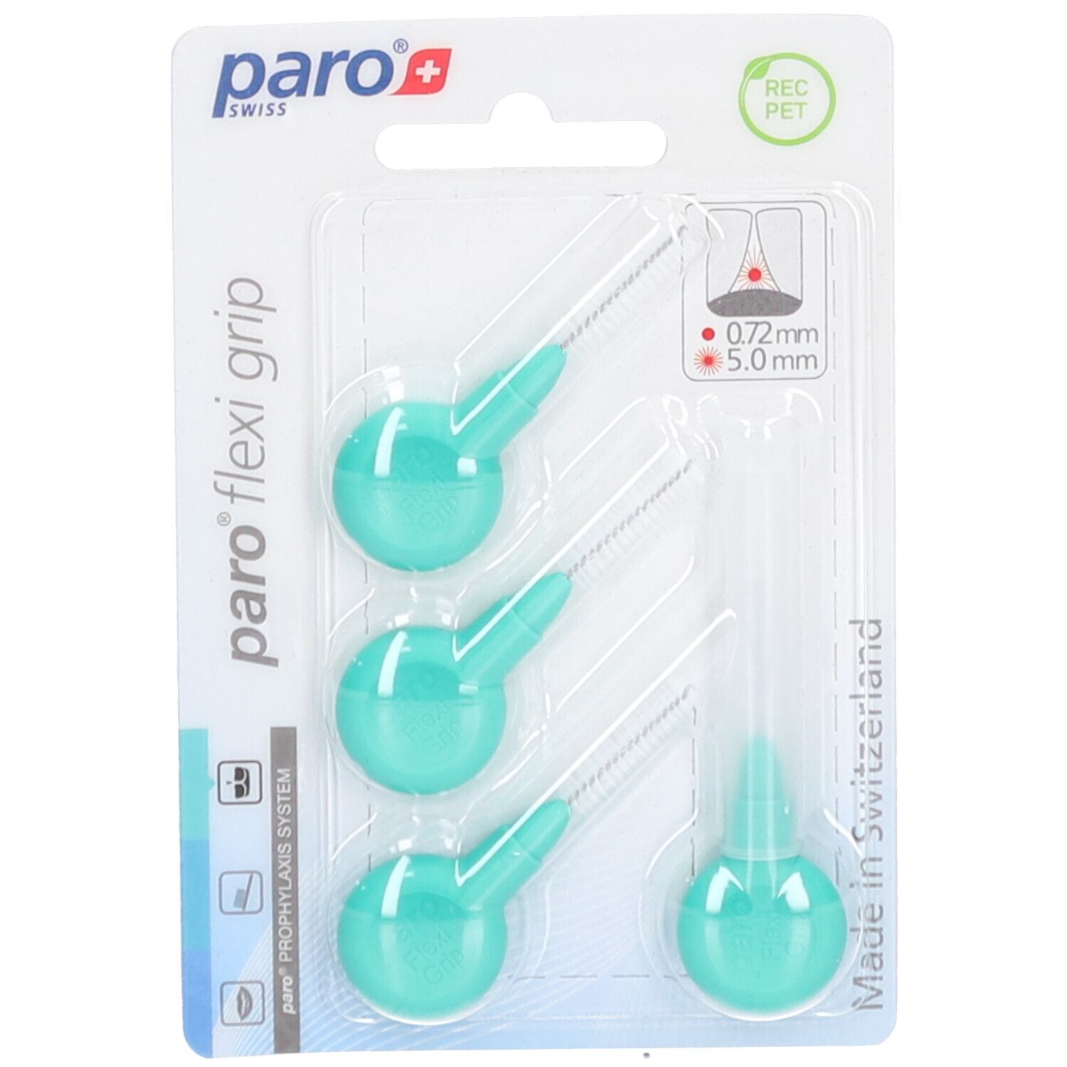 Verpackung mit drei grünen Interdentalbürsten und einer transparenten Bürste. "paro flexi grip"-Logo.
