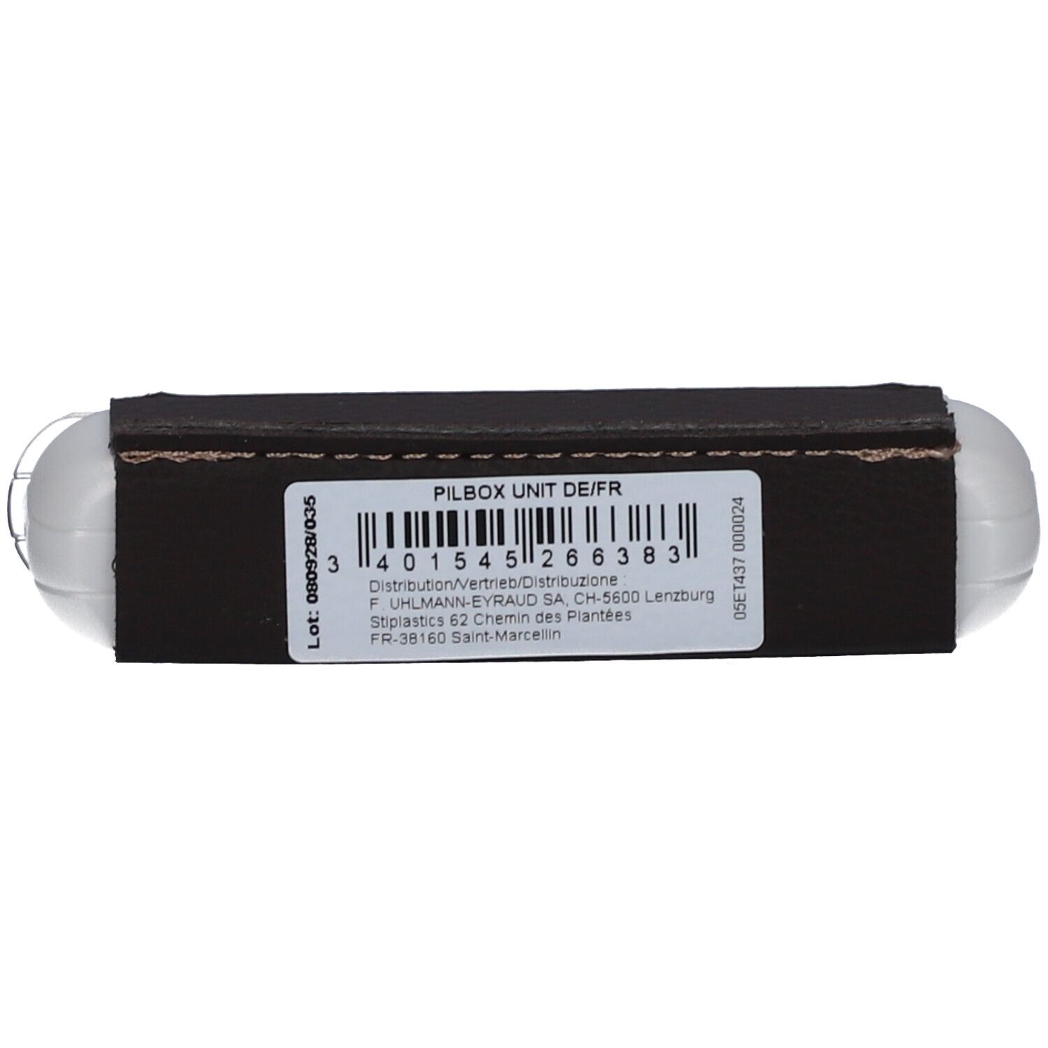 Medikamentenspender mit brauner Hülle. Barcode und Produktinformationen. Transparente Behälter.
