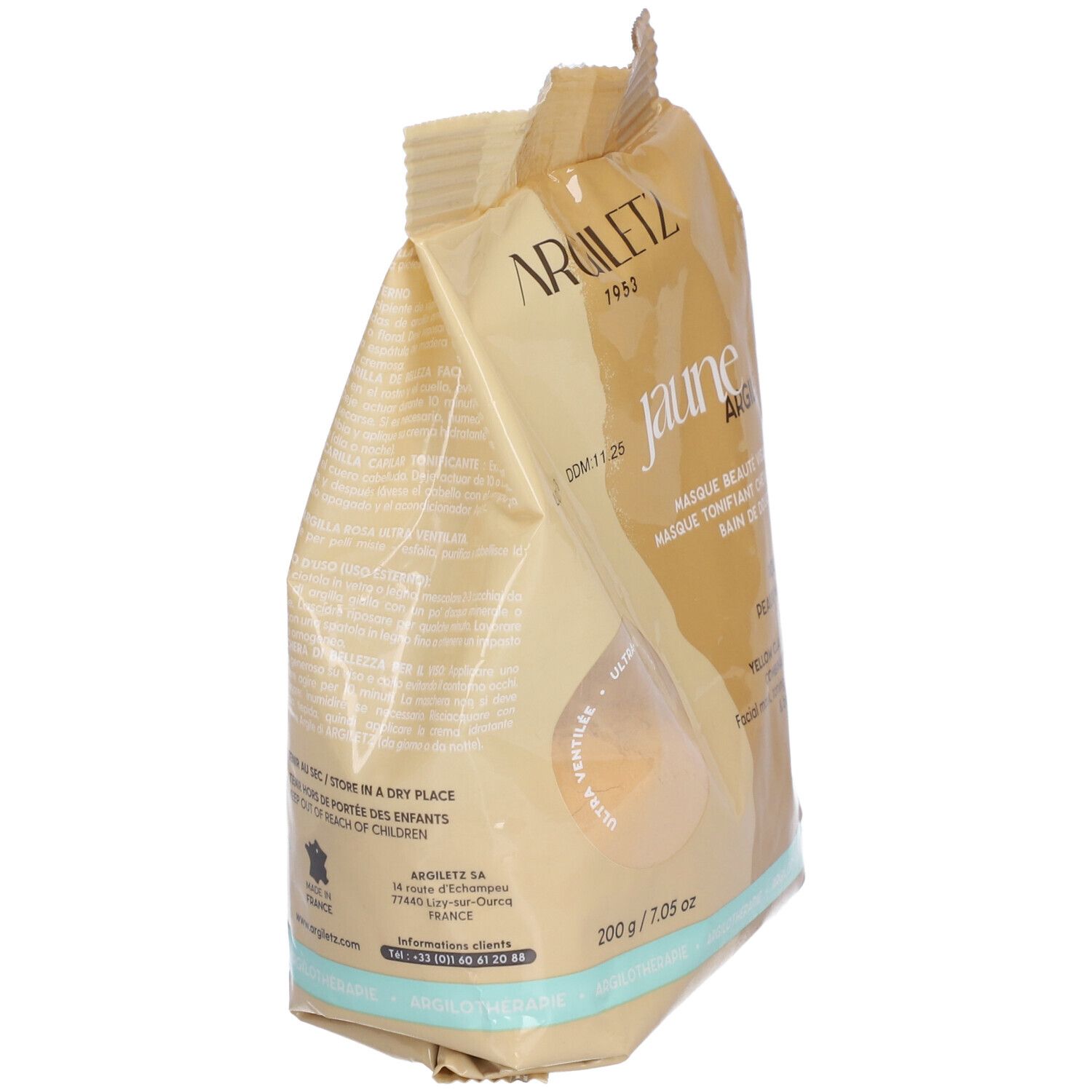 Vue oblique du sachet de poudre d'argile jaune. Inscription: Argiletz, Jaune Argile. 200 g / 7.05 oz.