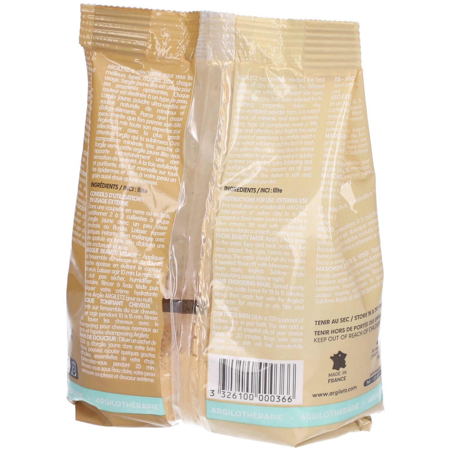 Dos du sachet de poudre d'argile jaune. Texte et code-barres. Fabriqué en France.