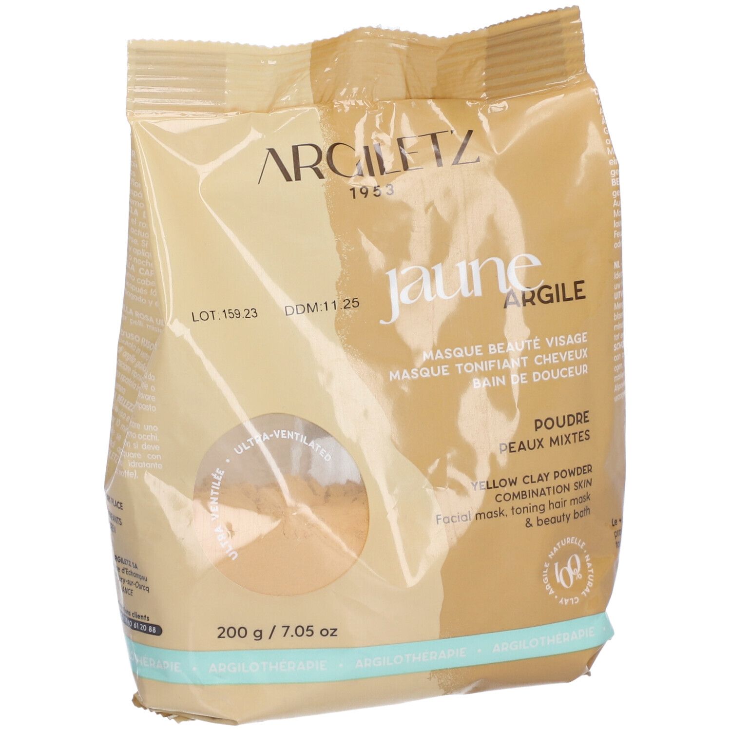 Sachet de poudre d'argile jaune. Inscription: Argiletz, Jaune Argile, Poudre Peaux Mixtes. 200 g / 7.05 oz.