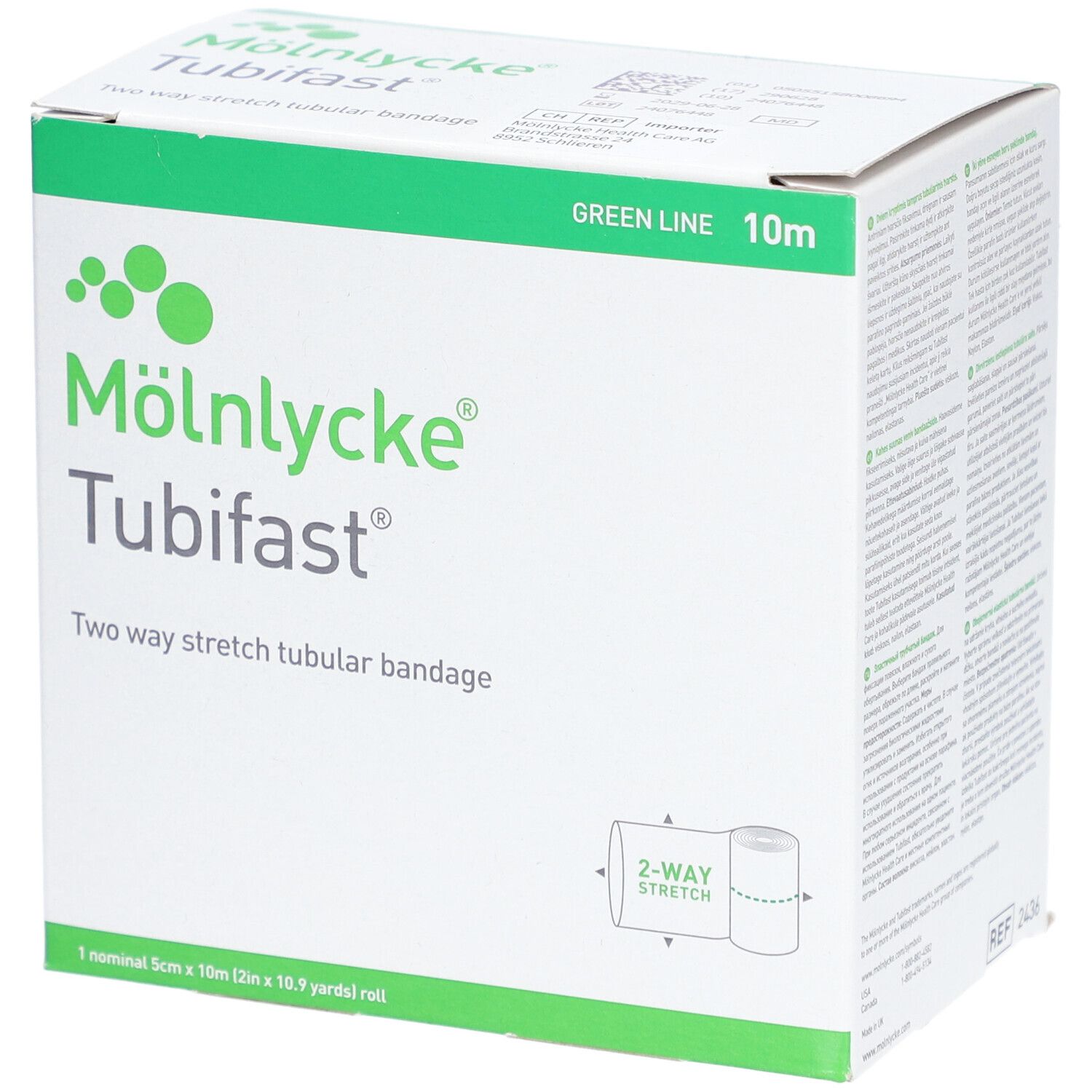 Boîte de bandage tubulaire Tubifast. Vert, 10m. Fabricant: Mölnlycke. Inscription: Two way stretch tubular bandage. 5 cm x 10 m.