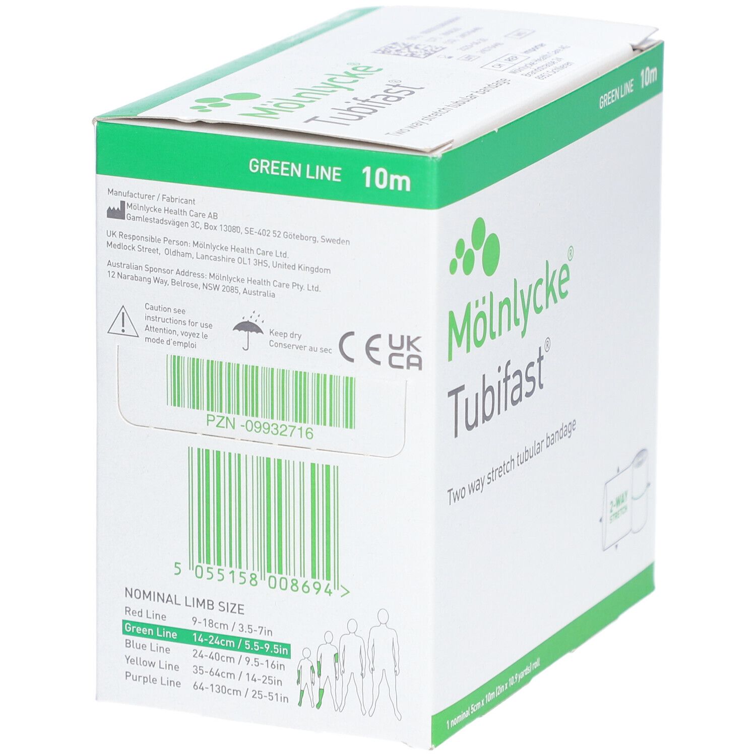 Dos de l'emballage Tubifast. Vert, 10m. Informations fabricant, marquage CE. Indications de tailles par couleur.