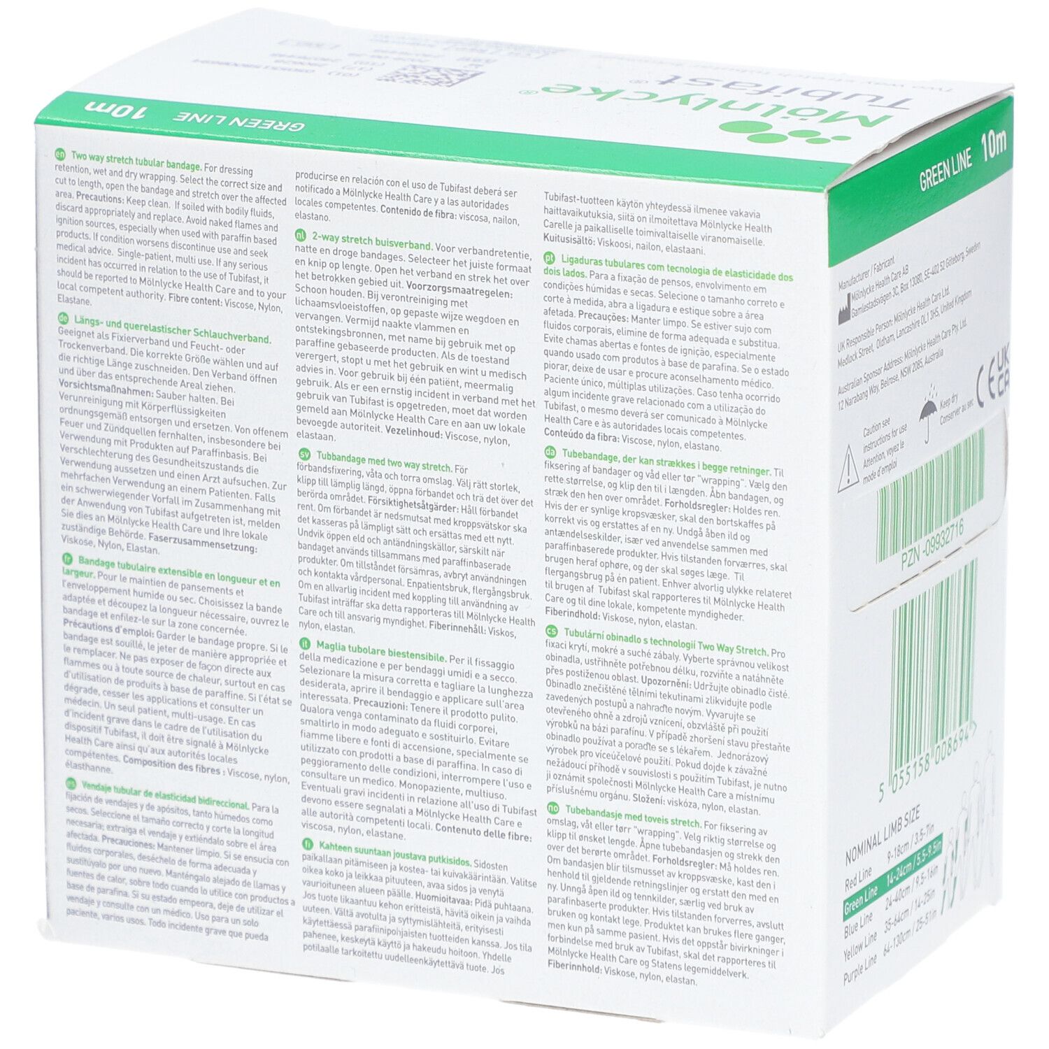 Emballage de bandage tubulaire Tubifast. Texte multilingue. Vert, 10m. Informations fabricant, numéro PZN, numéro de lot.