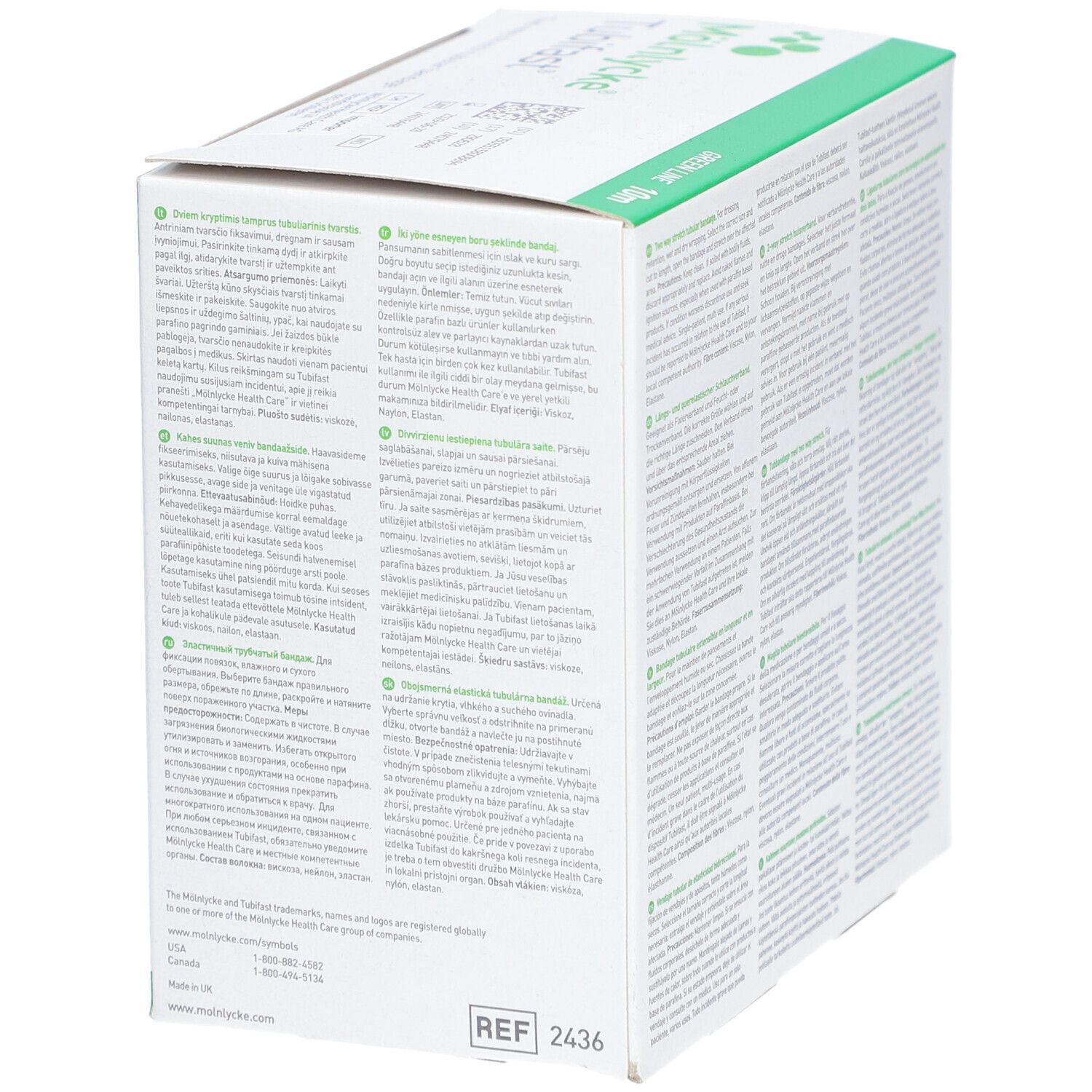 Emballage de bandage tubulaire Tubifast. Texte multilingue. Numéro REF. Informations fabricant. Vert, 10m.