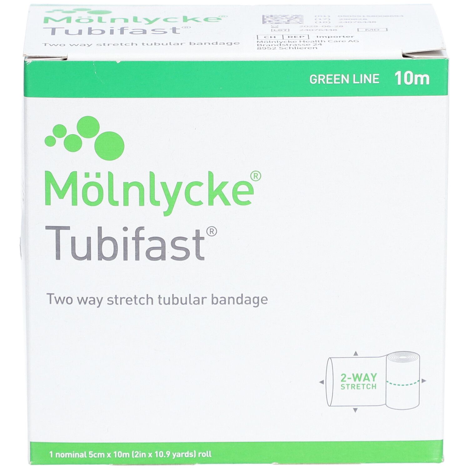Boîte de bandage tubulaire Tubifast. Vert, 10m. Fabricant: Mölnlycke. Inscription: Two way stretch tubular bandage. 5 cm x 10 m.