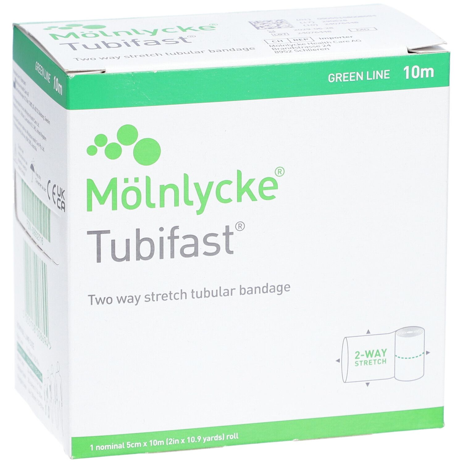 Boîte de bandage tubulaire Tubifast. Vert, 10m. Fabricant: Mölnlycke. Inscription: Two way stretch tubular bandage. 5 cm x 10 m.