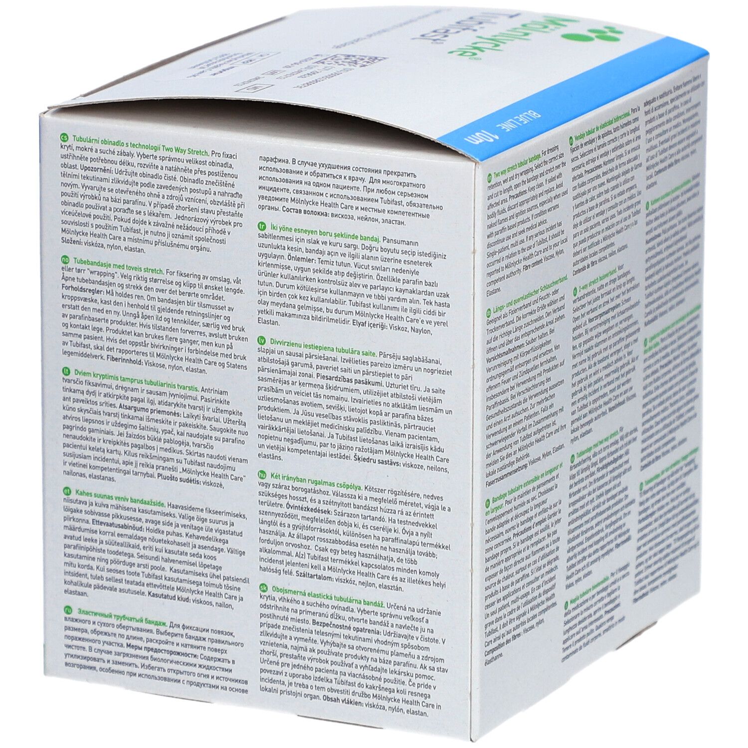 Boîte avec texte multilingue. Texte: Ligne bleue, 10m. Informations fabricant. Plusieurs blocs de texte.