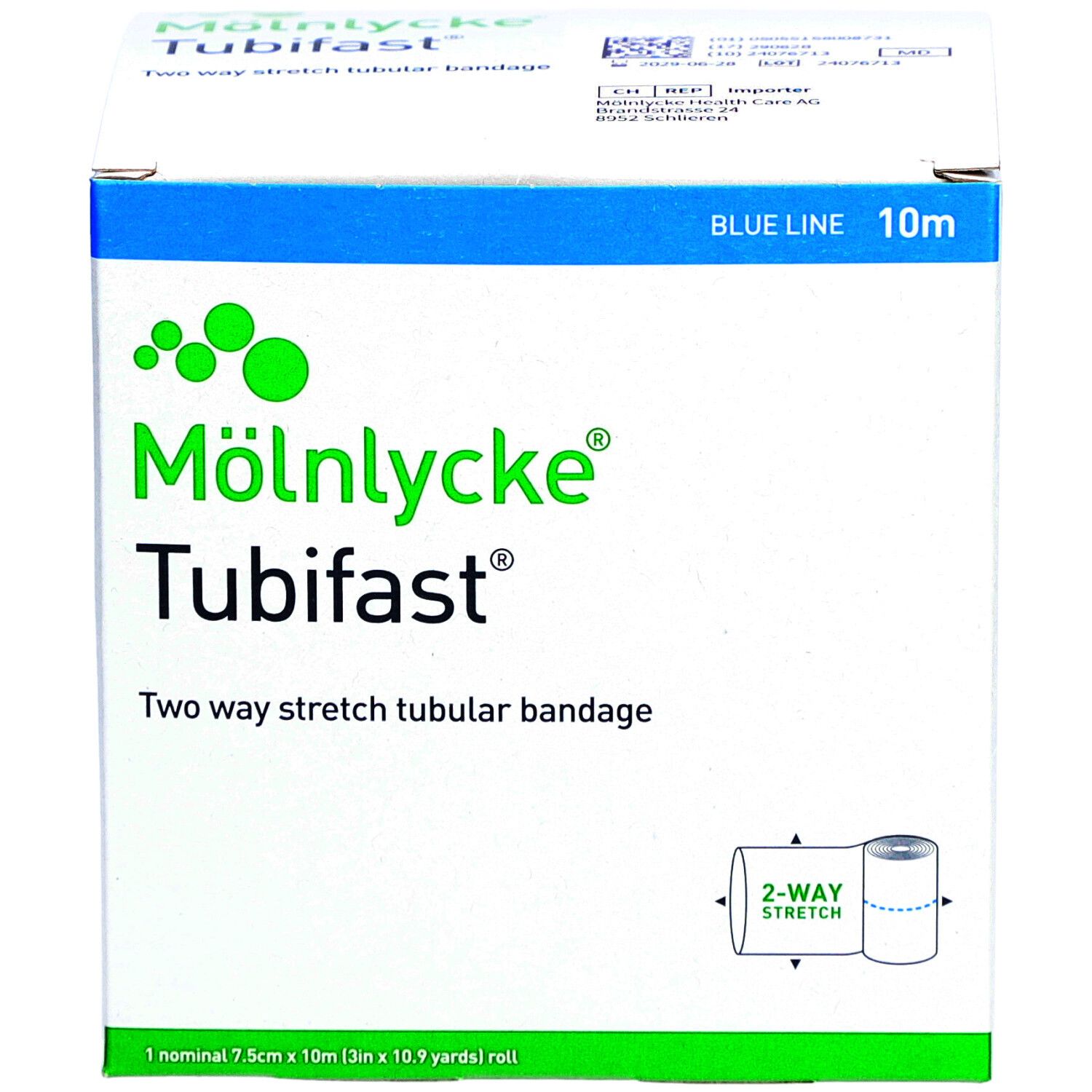Boîte avec nom et logo du produit. Texte: Two way stretch tubular bandage. Ligne bleue, 10m. Illustration: 2-way stretch.