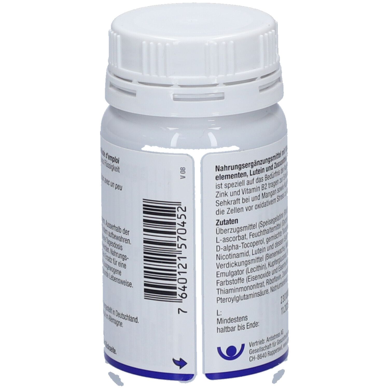 Weiße Flasche mit Barcode und Text. Aufschrift: Mindestens haltbar bis Ende. Logo: Person mit blauen Kreisen.