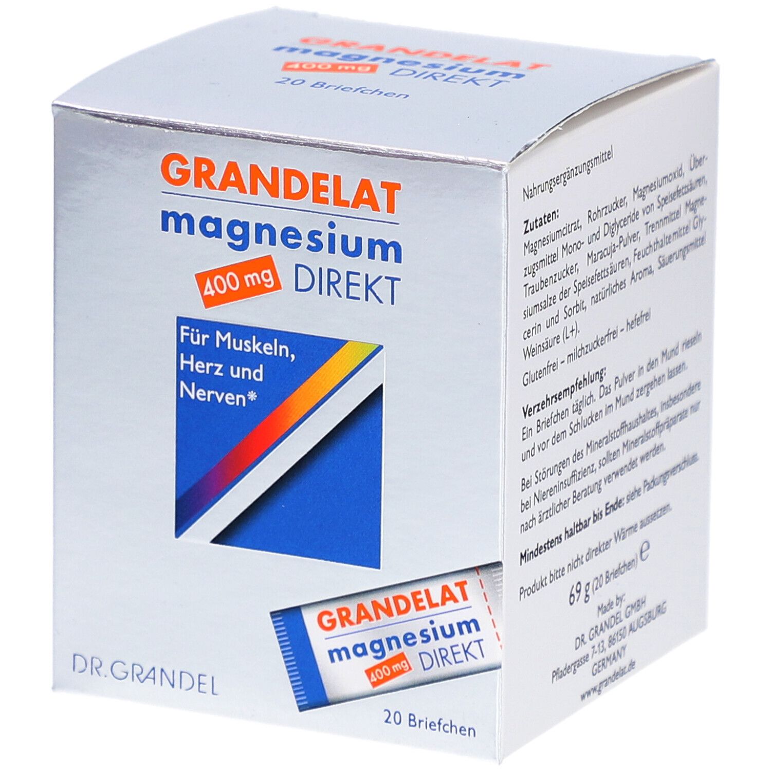 Schachtel mit GRANDELAT magnesium DIREKT 400 mg. Enthält 20 Beutel. Aufdruck: Für Muskeln, Herz und Nerven. Mit Beutel.