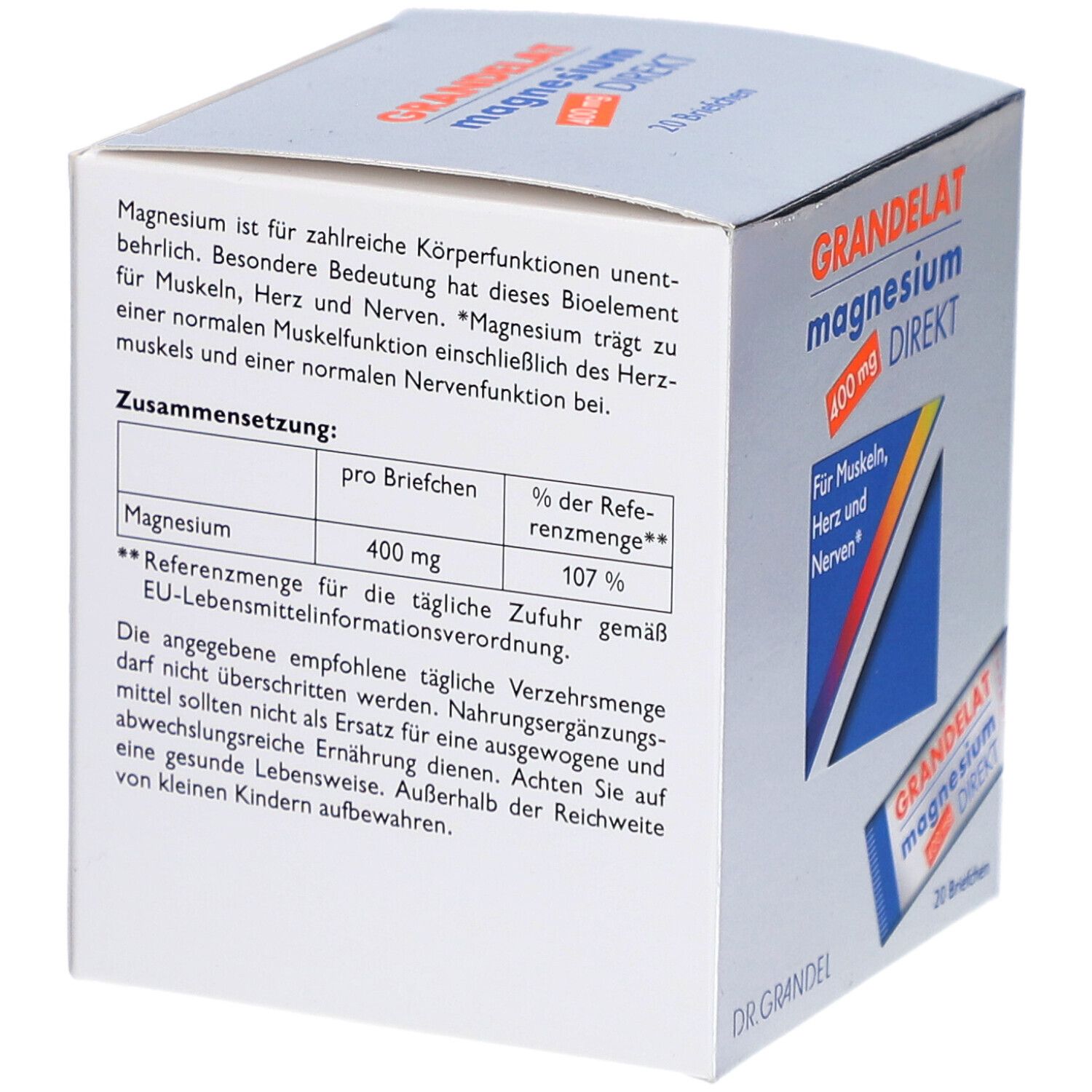 Schachtel GRANDELAT magnesium DIREKT 400 mg. Text: Magnesium für Muskeln, Herz und Nerven. Enthält 20 Beutel. Nährwerttabelle.
