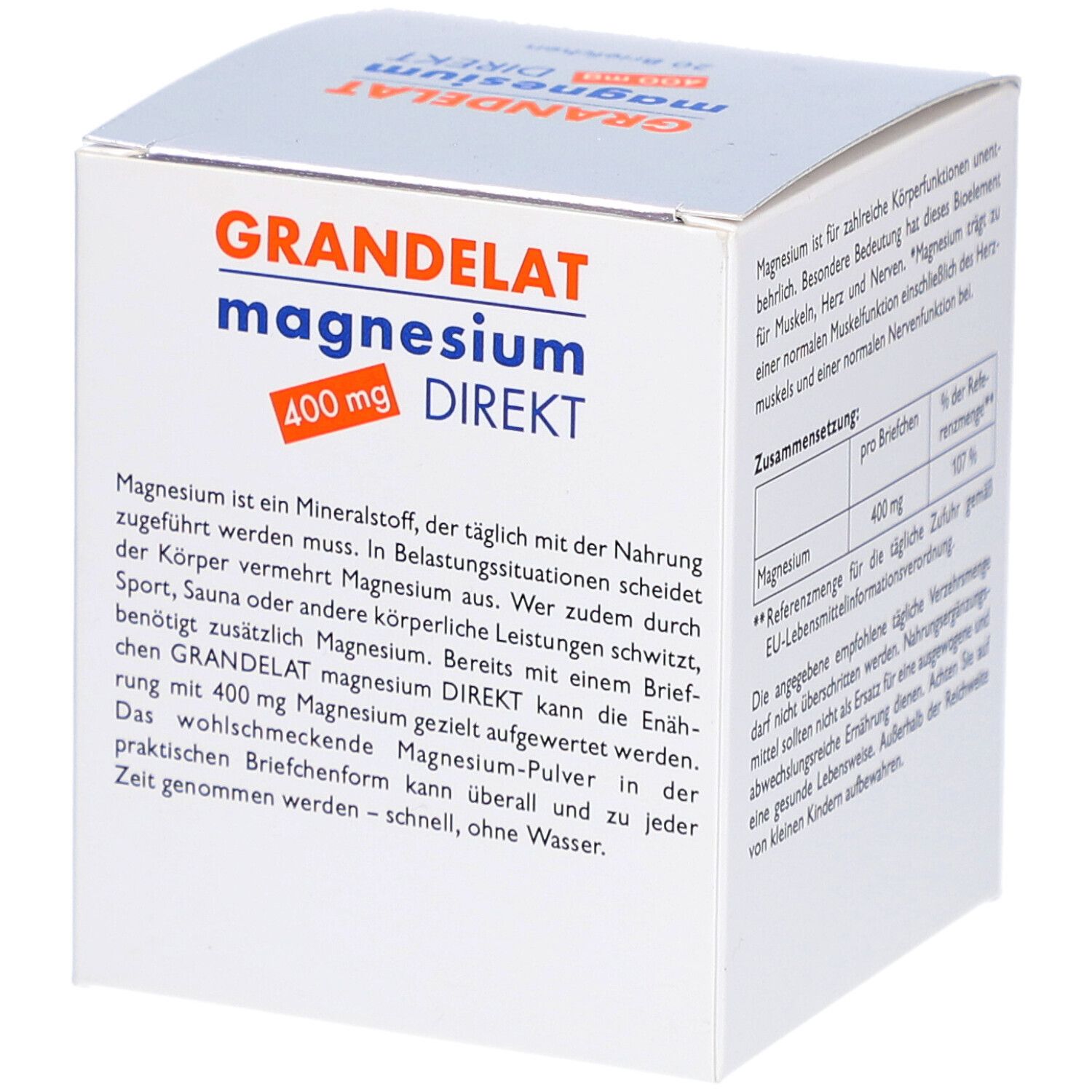 Schachtel GRANDELAT magnesium DIREKT 400 mg. Text: Magnesium ist ein Mineralstoff. Enthält 20 Beutel. Aufdruck: Für Muskeln, Herz und Nerven.
