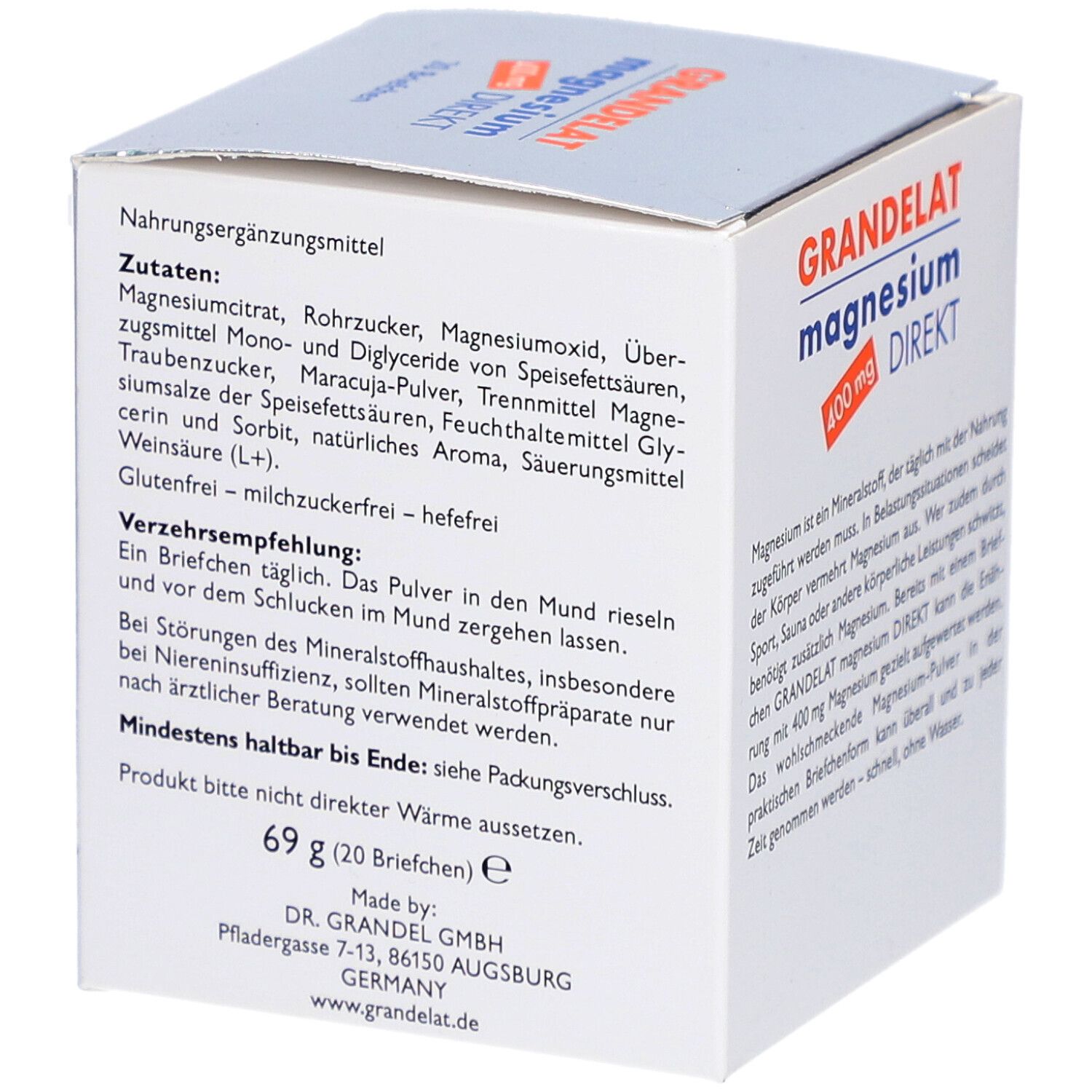 Schachtel GRANDELAT magnesium DIREKT 400 mg. Text: Nahrungsergänzungsmittel. Enthält 20 Beutel. Inhaltsstoffe und Nährwertangaben.
