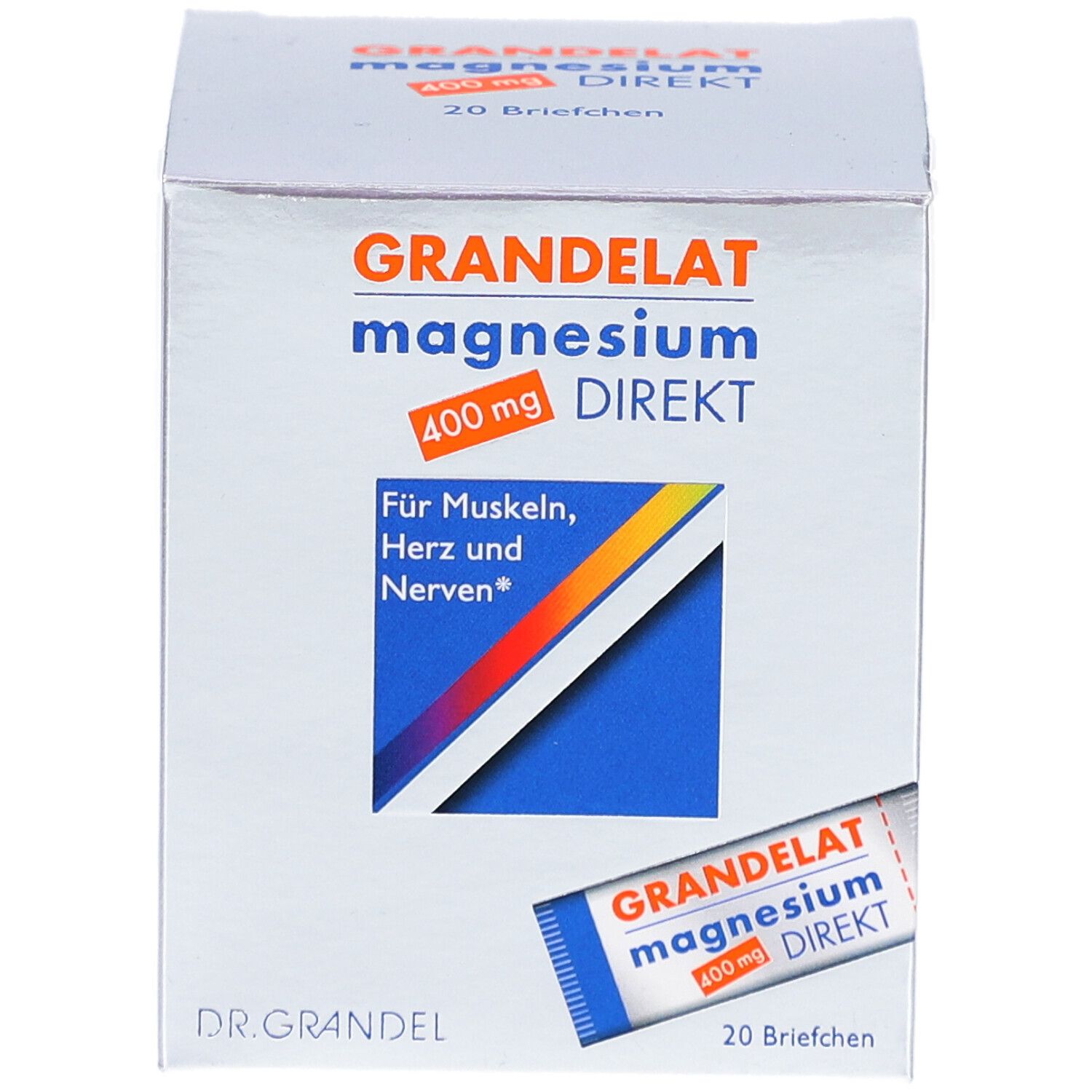 Schachtel GRANDELAT magnesium DIREKT 400 mg. Enthält 20 Beutel. Aufdruck: Für Muskeln, Herz und Nerven. Mit Beutel.