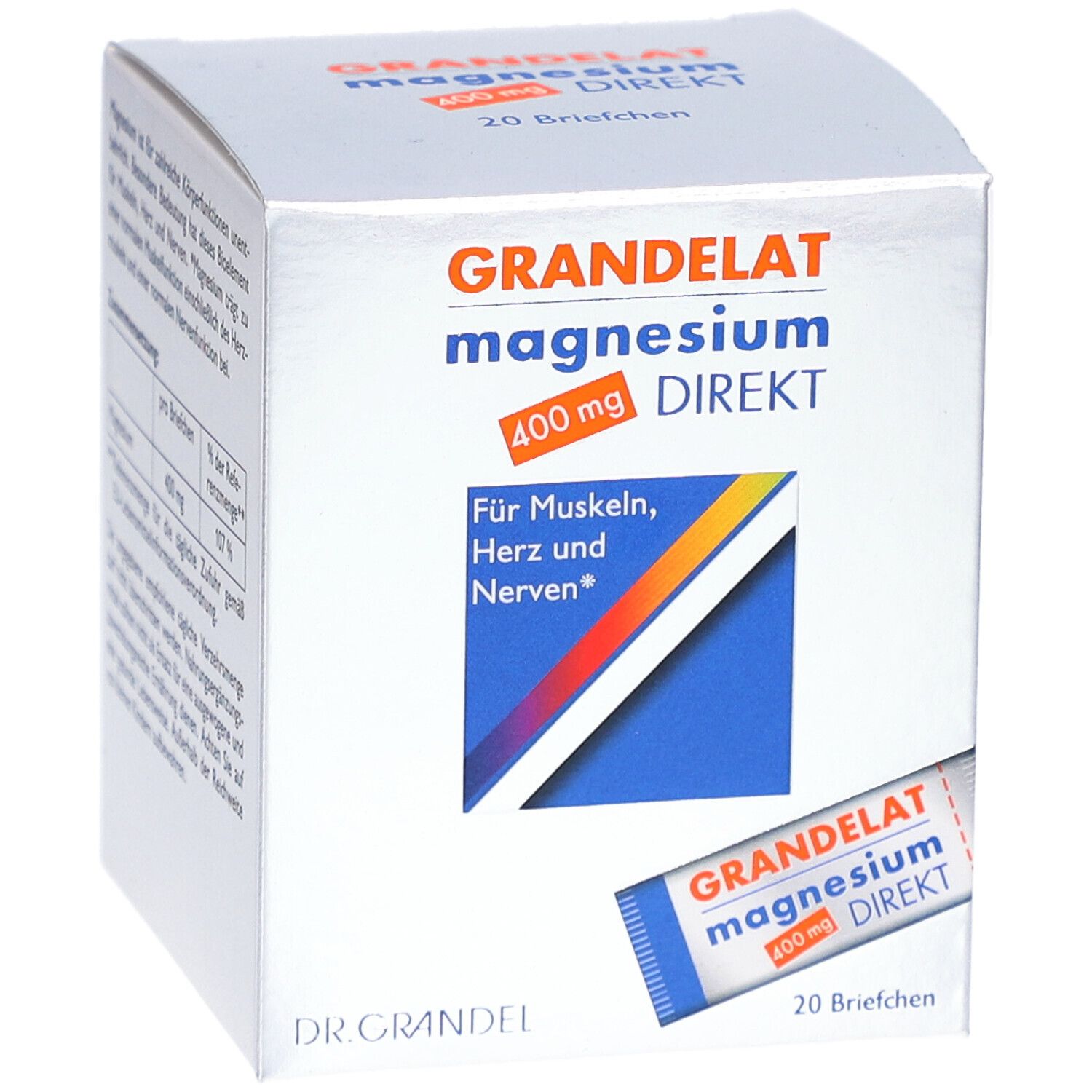 Schachtel GRANDELAT magnesium DIREKT 400 mg. Enthält 20 Beutel. Aufdruck: Für Muskeln, Herz und Nerven. Mit Beutel.