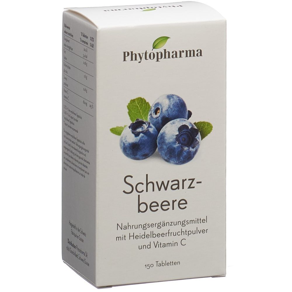 Weißer Karton mit PHYTOPHARMA-Logo, Blaubeeren-Illustration und Text: Schwarzbeere, Nahrungsergänzungsmittel.