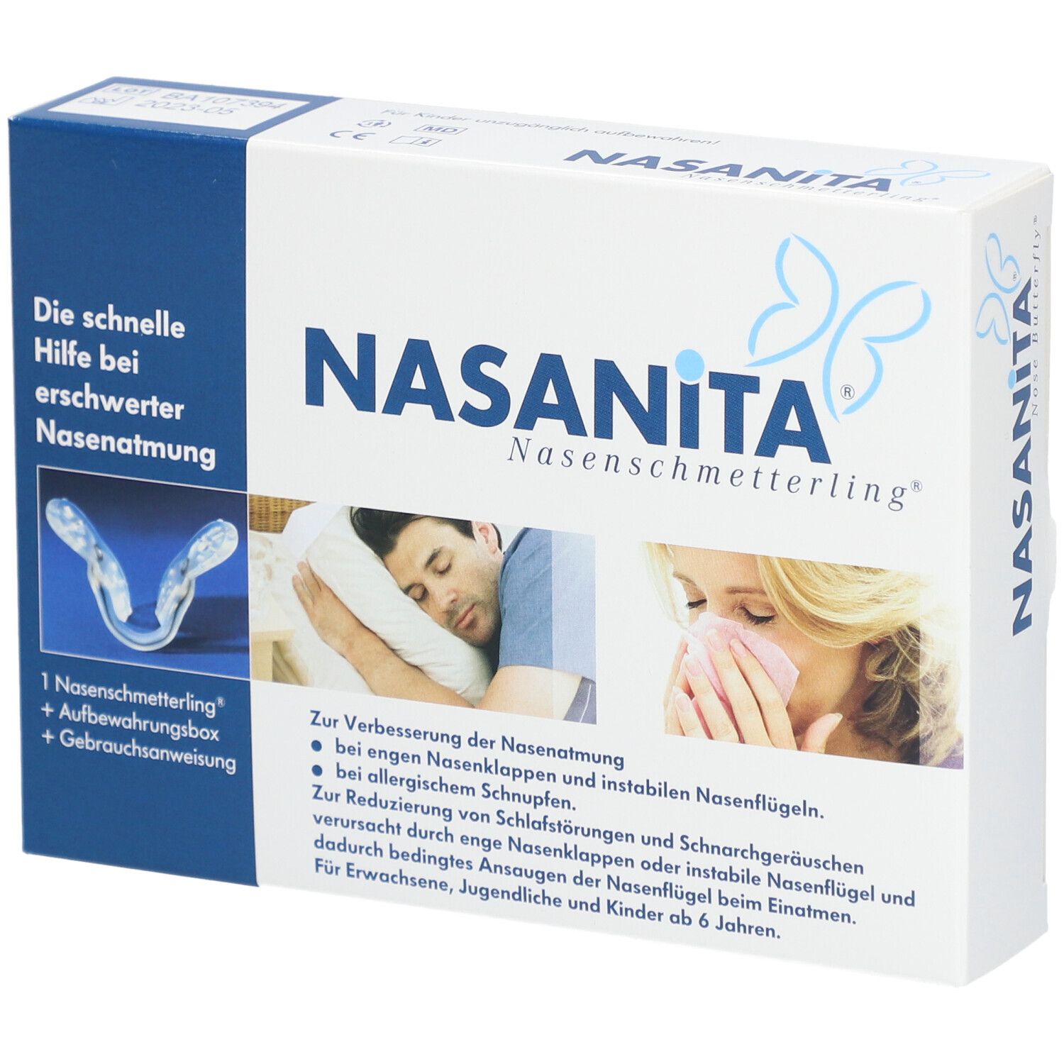Verpackung von Nasanita Nasenschmetterling®. Enthält Produktabbildung, Produktname, und Informationen zur Anwendung.
