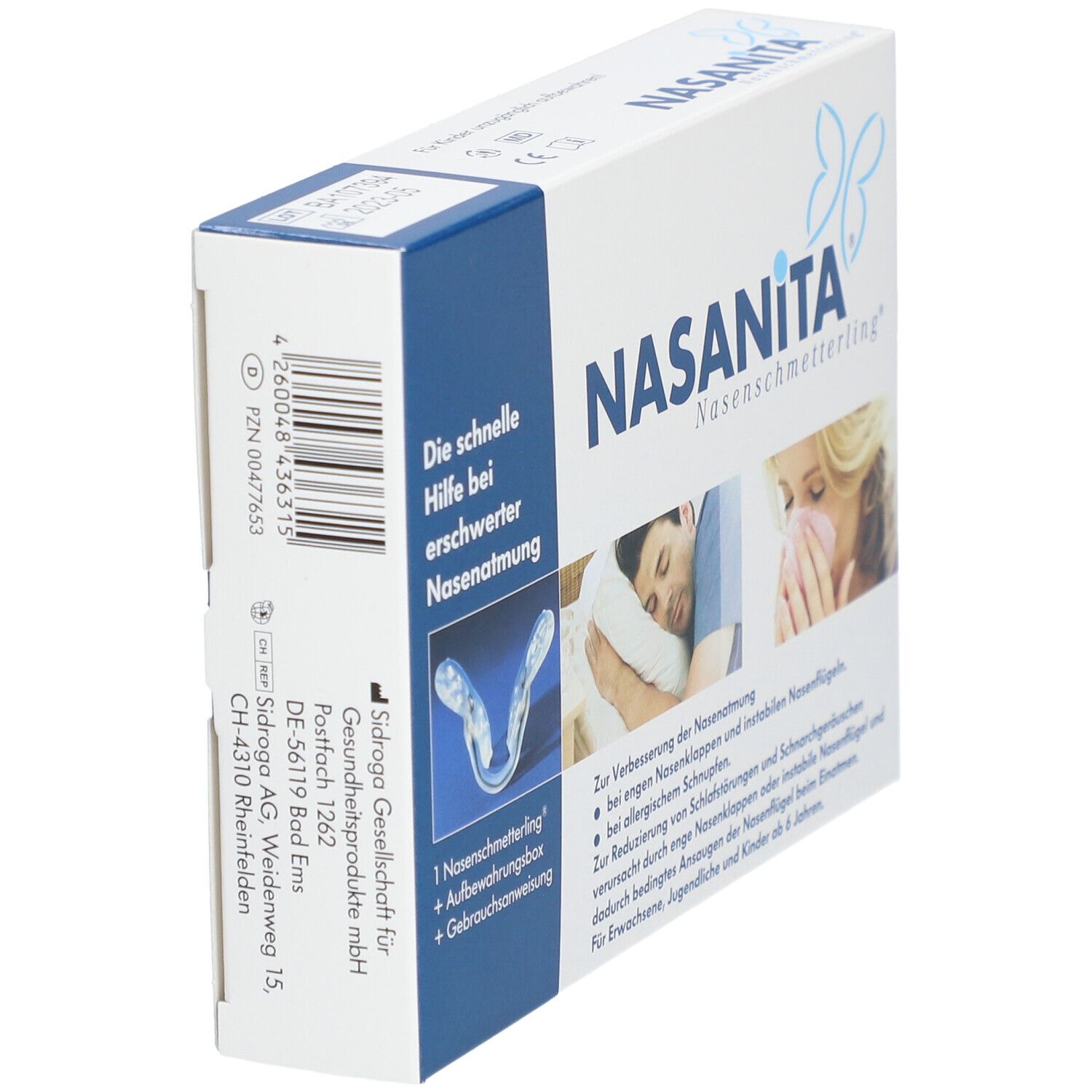 Seitenansicht der Nasanita Nasenschmetterling® Verpackung. Zeigt Produktname, Logo und Informationen zur Anwendung.