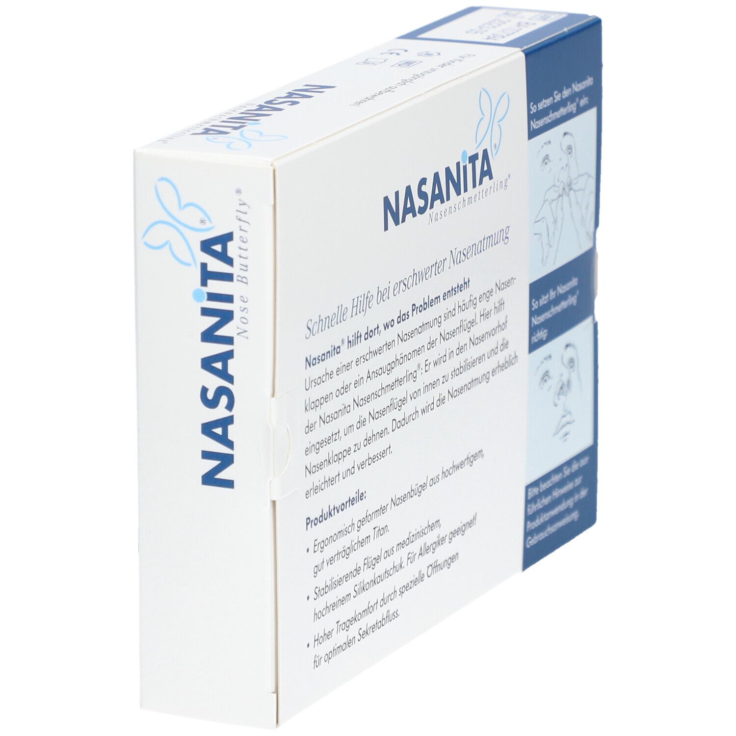 Schräge Ansicht der Nasanita Nasenschmetterling® Verpackung. Zeigt Produktname und Informationen zur Anwendung.