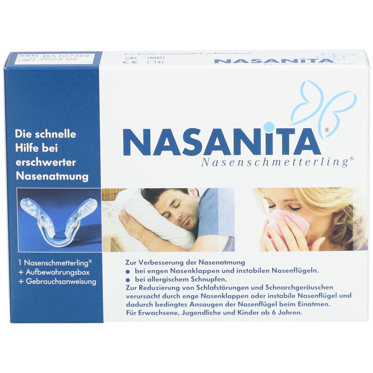 Vorderansicht der Nasanita Nasenschmetterling® Verpackung. Zeigt Produktname, Logo und Produktabbildung.