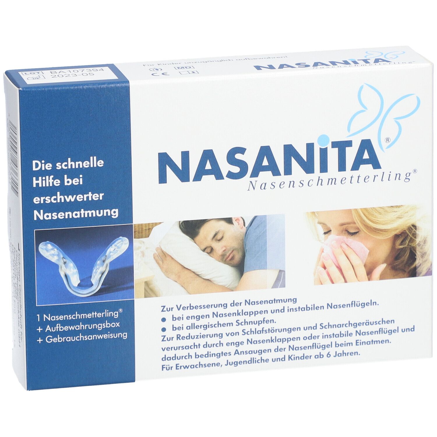 Vorderansicht der Nasanita Nasenschmetterling® Verpackung. Zeigt Produktname, Logo und Produktabbildung.