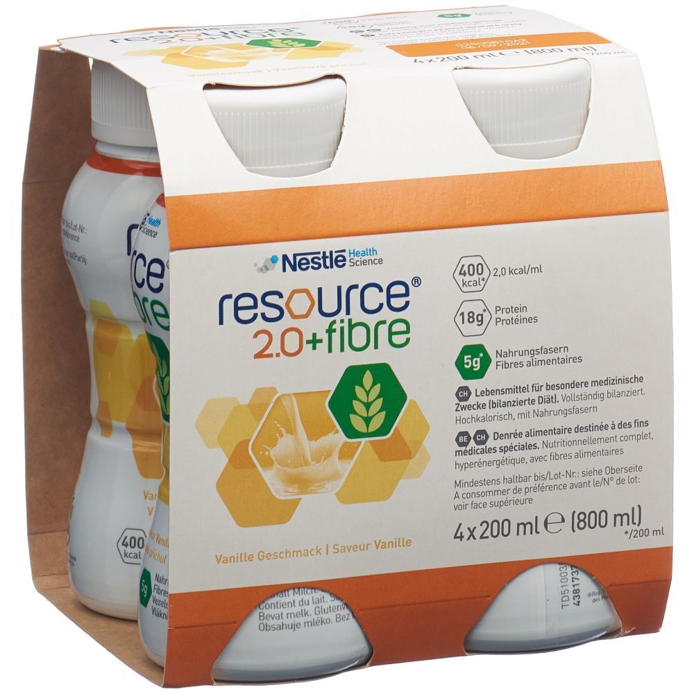 Packung mit vier Flaschen RESOURCE® 2.0 + fibre VANILLE. Aufdrucke: Nestle Health Science, 4x200 ml, 5g Ballaststoffe.