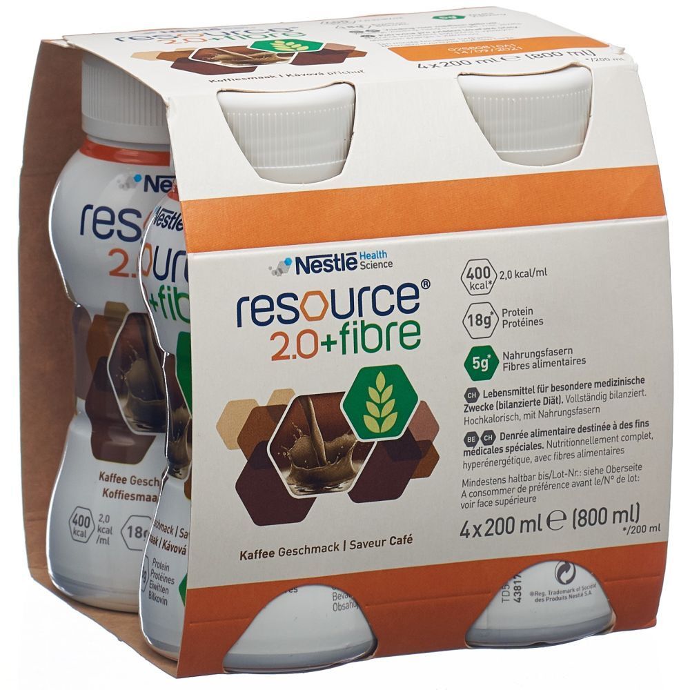 Emballage de quatre bouteilles RESOURCE 2.0+ fibre Café. Inscriptions : 400 kcal, 18g protéines, 5g fibres. Goût café.
