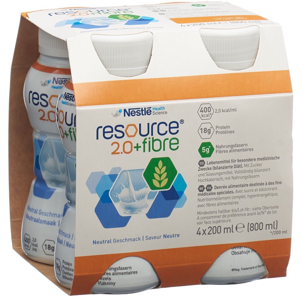 Packung mit vier Flaschen RESOURCE 2.0+fibre. Neutraler Geschmack. 4 x 200 ml. Enthält 18g Protein und 5g Ballaststoffe.