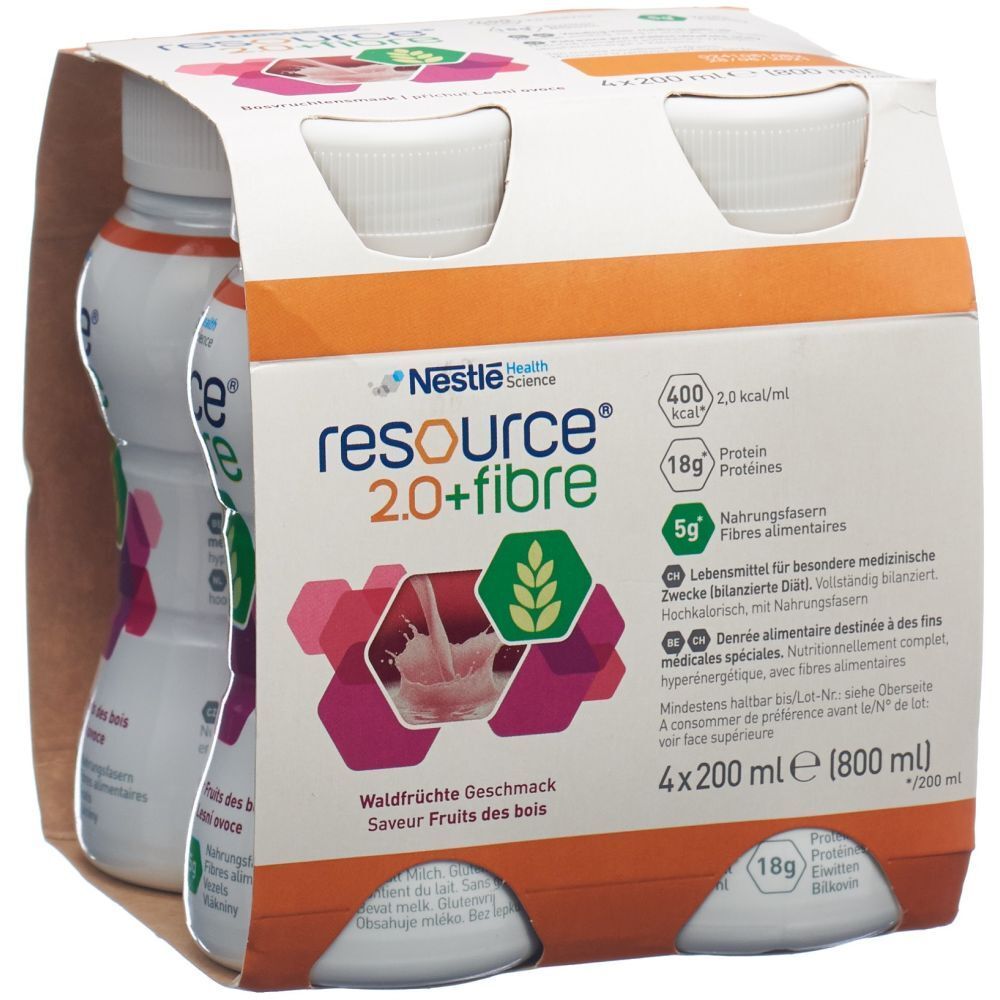 Packung mit vier Flaschen RESOURCE 2.0 + fibre. Aufdrucke: Waldfrüchte Geschmack, 4x200 ml, 18g Protein, 5g Ballaststoffe.