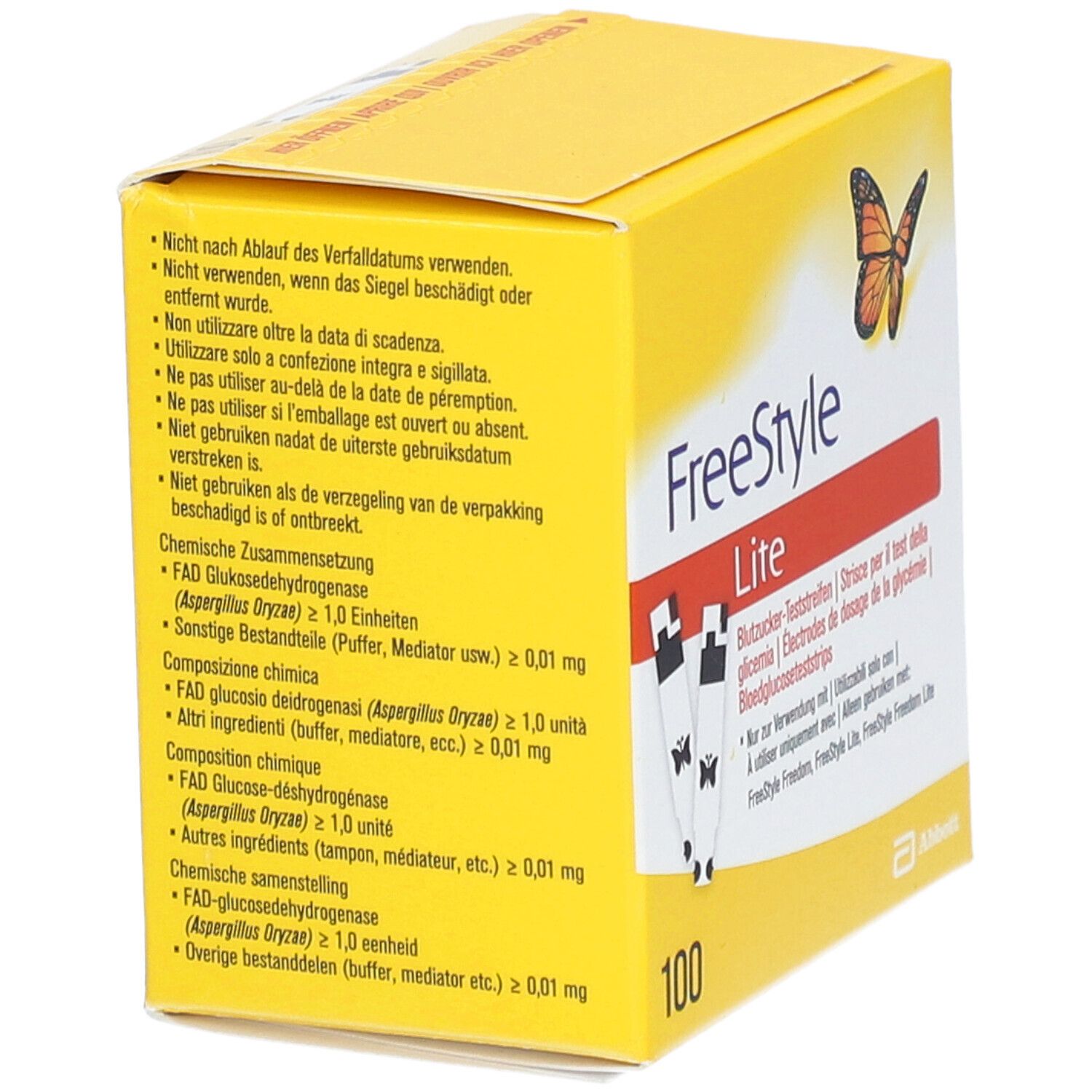 Gelbe Schachtel "FreeStyle Lite". Text in Deutsch, Französisch, Italienisch, Niederländisch. Enthält 100 Stück.