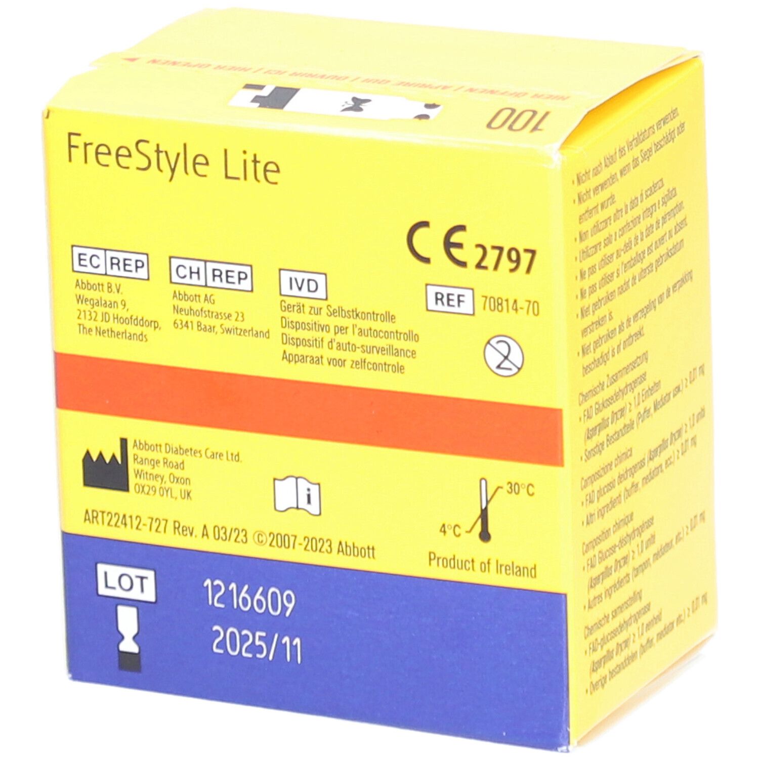 Gelbe Schachtel "FreeStyle Lite" mit CE-Kennzeichnung. Enthält Informationen und Symbole. Ref. 70814-70.