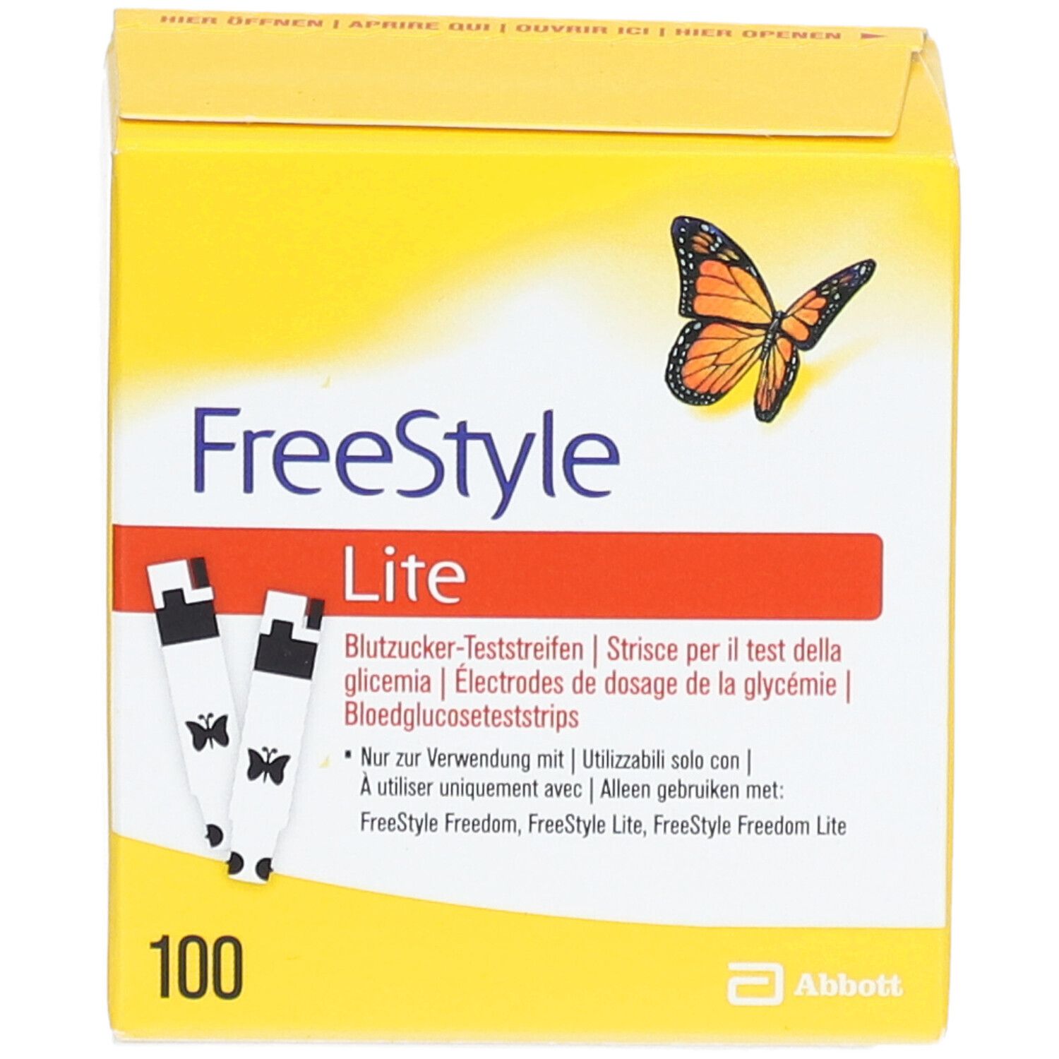Gelbe Schachtel "FreeStyle Lite" mit Teststreifen. Enthält 100 Stück. Abbott Logo.