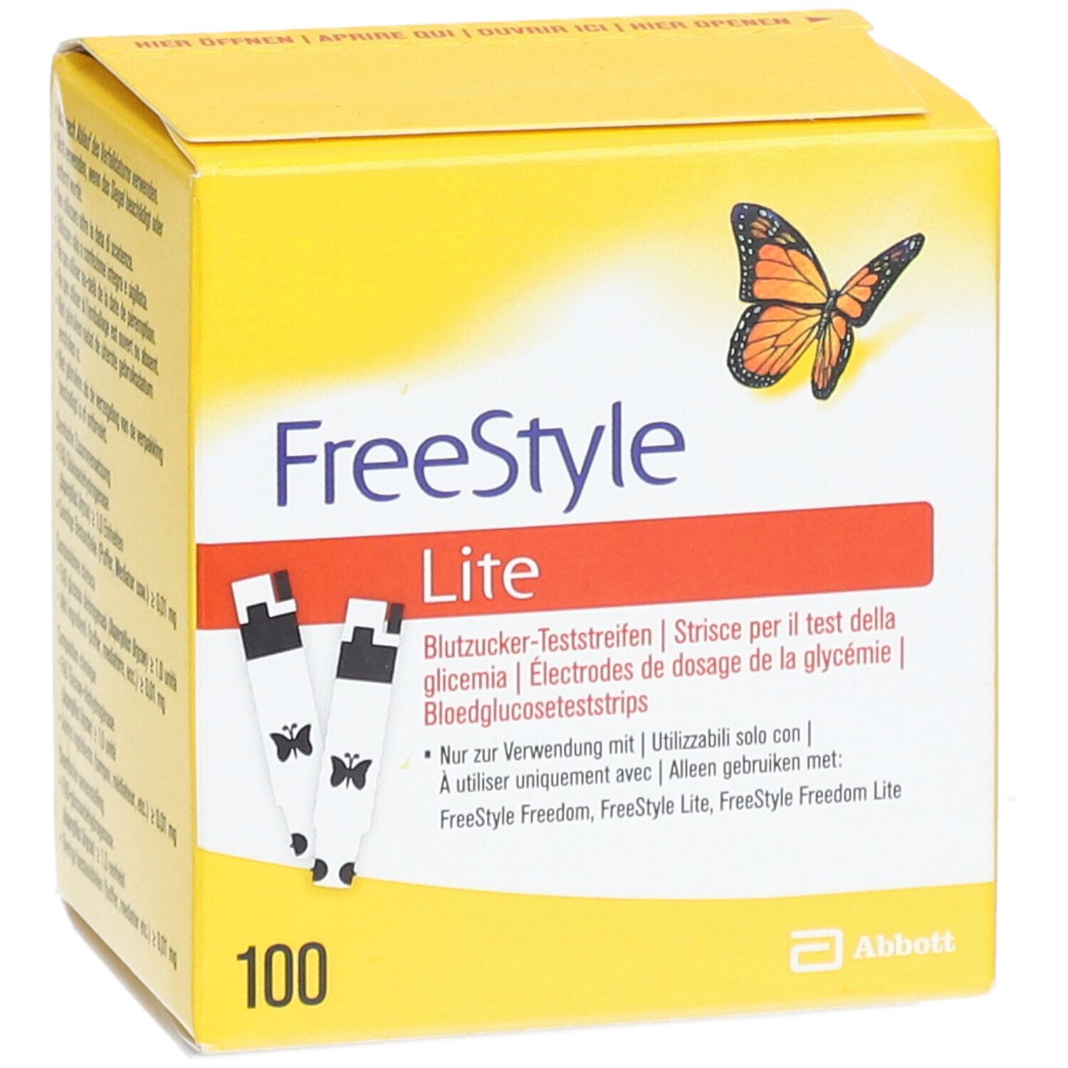 Gelbe Schachtel "FreeStyle Lite" mit Teststreifen. Enthält 100 Stück. Abbott Logo.