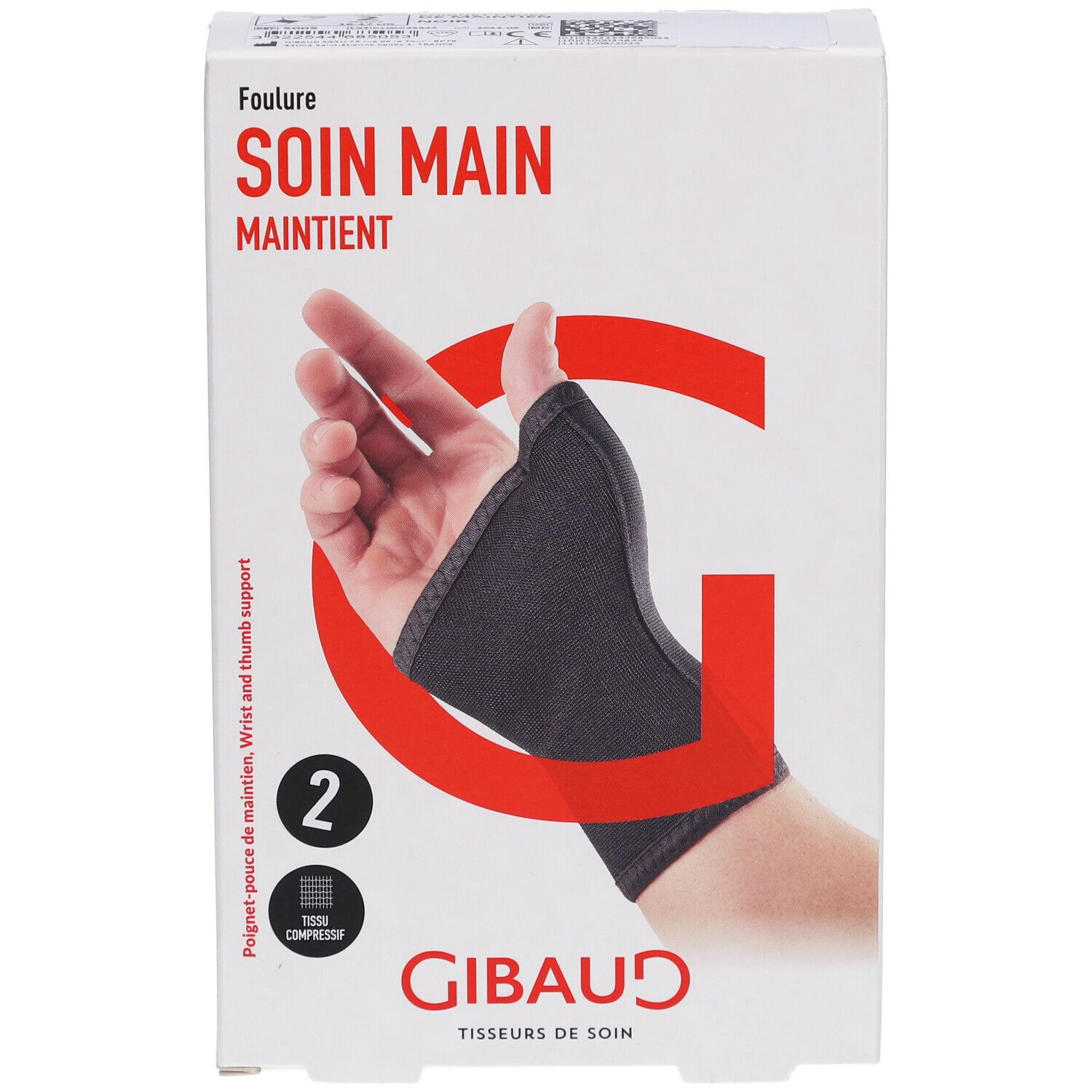 Orthèse main, taille 2, en boîte. Marque GIBAUD. Illustration d'une main avec l'orthèse. Support poignet et pouce.
