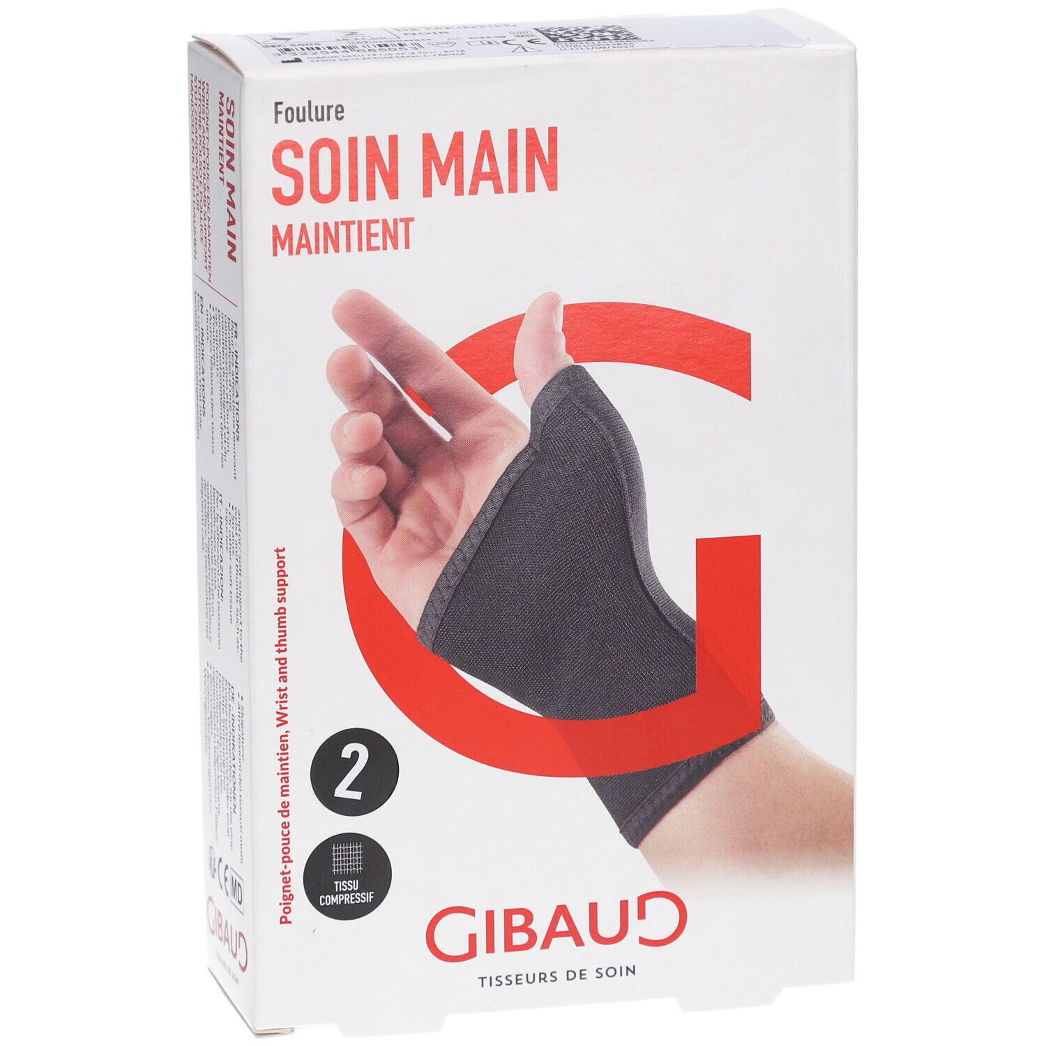Orthèse main, taille 2, en boîte. Marque GIBAUD. Illustration d'une main avec l'orthèse. Support poignet et pouce.