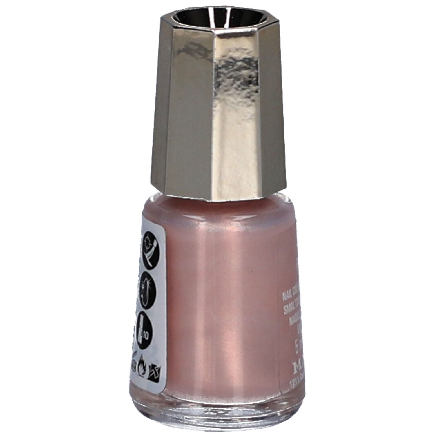 Nagellackflasche, rosa Farbton. Silberfarbener Deckel. Auf der Rückseite Symbole und Text.