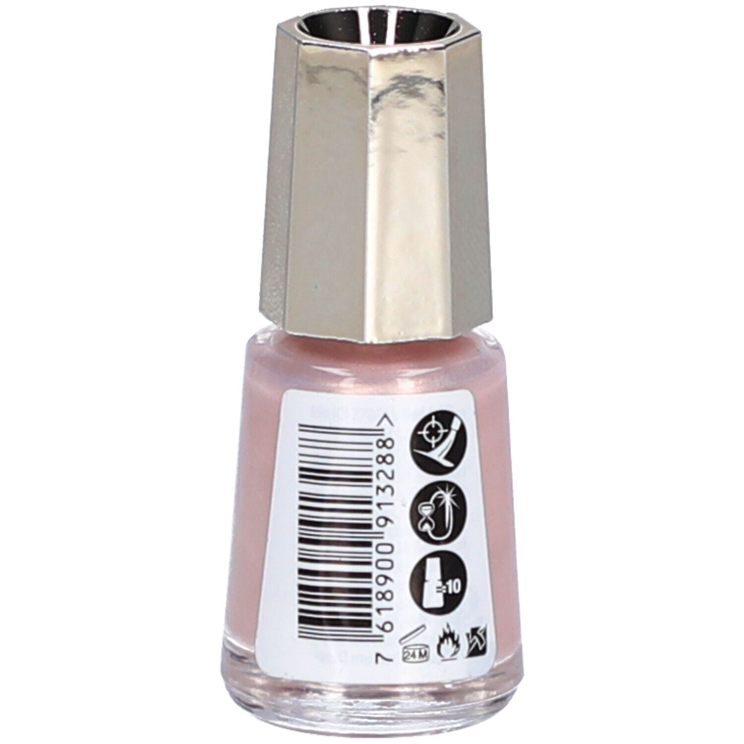 Nagellackflasche, rosa Farbton. Silberfarbener Deckel. Rückseite mit Barcode und Symbolen.